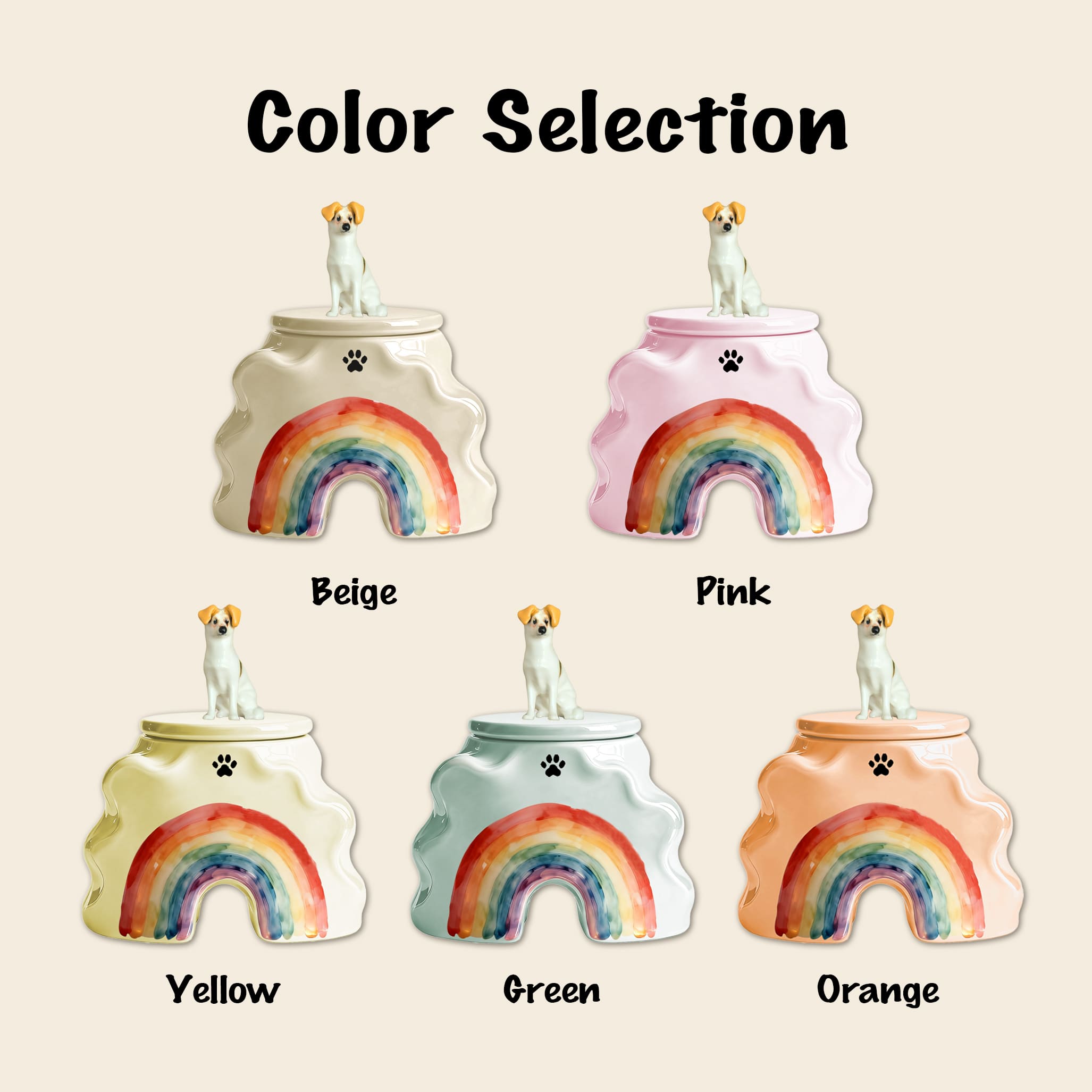 Ceramic dog memorial urns in beige, pink, yellow, green, and orange with rainbow bridge design