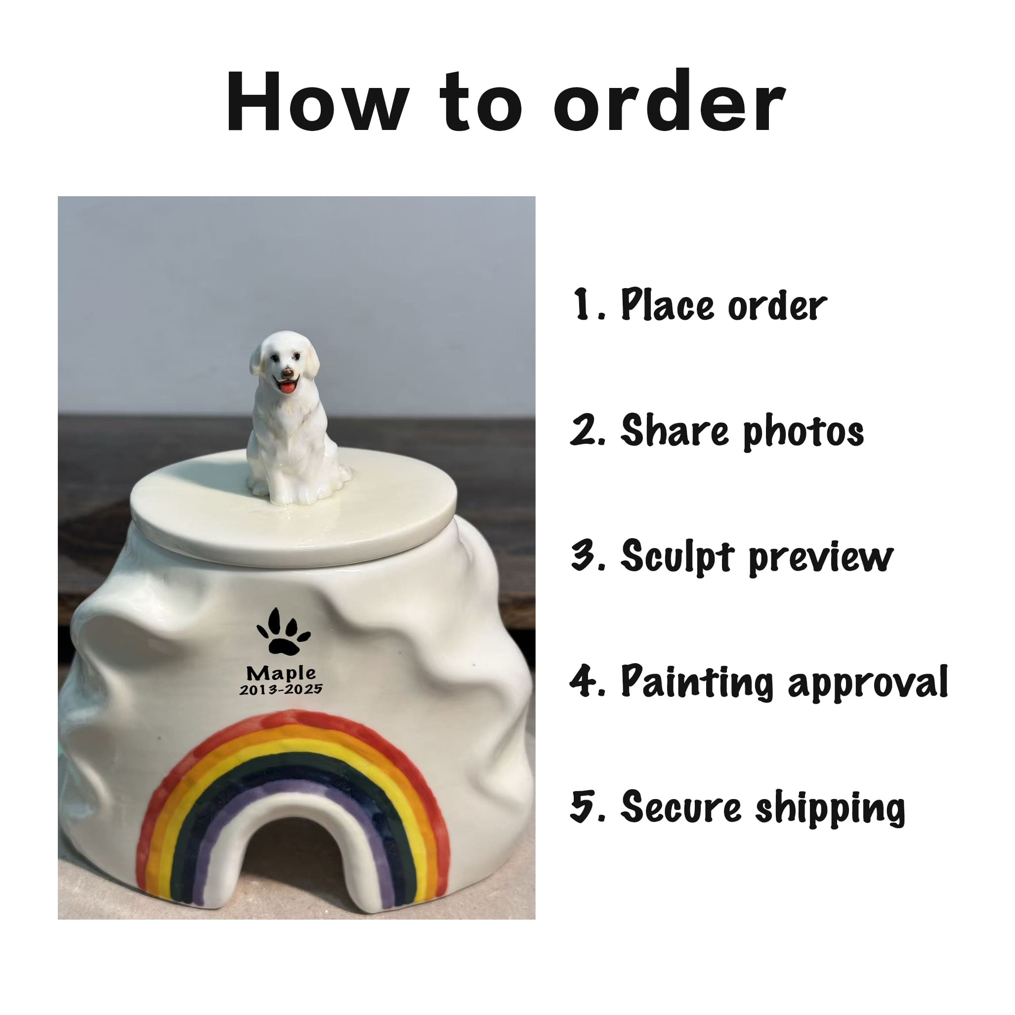 Ceramic dog urn with rainbow arch design and seated white dog on lid, close-up