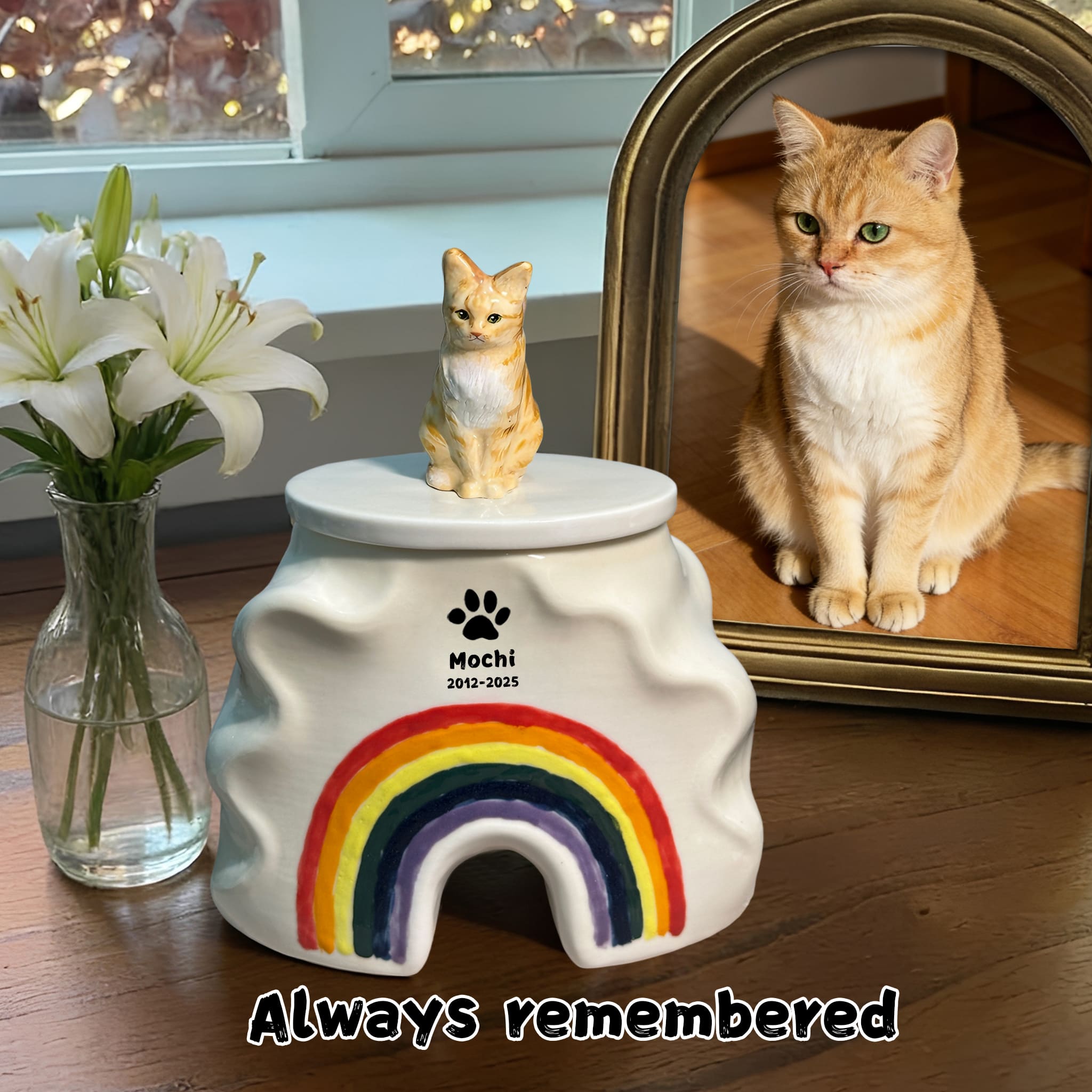 Rainbow Bridge Pet Urn – Custom Cat Urn with Personalized Portrait, Name & Date, Always Remembered Memorial