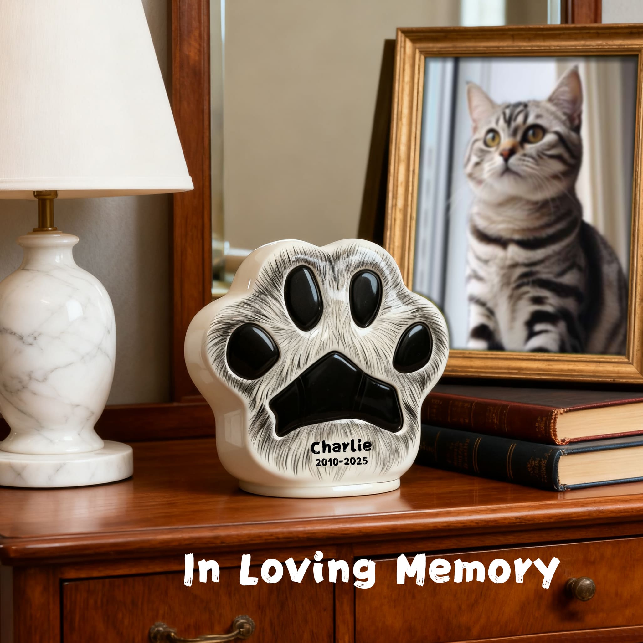 Personalized cat urn with engraved paw print, Charlie name and dates, on wooden table