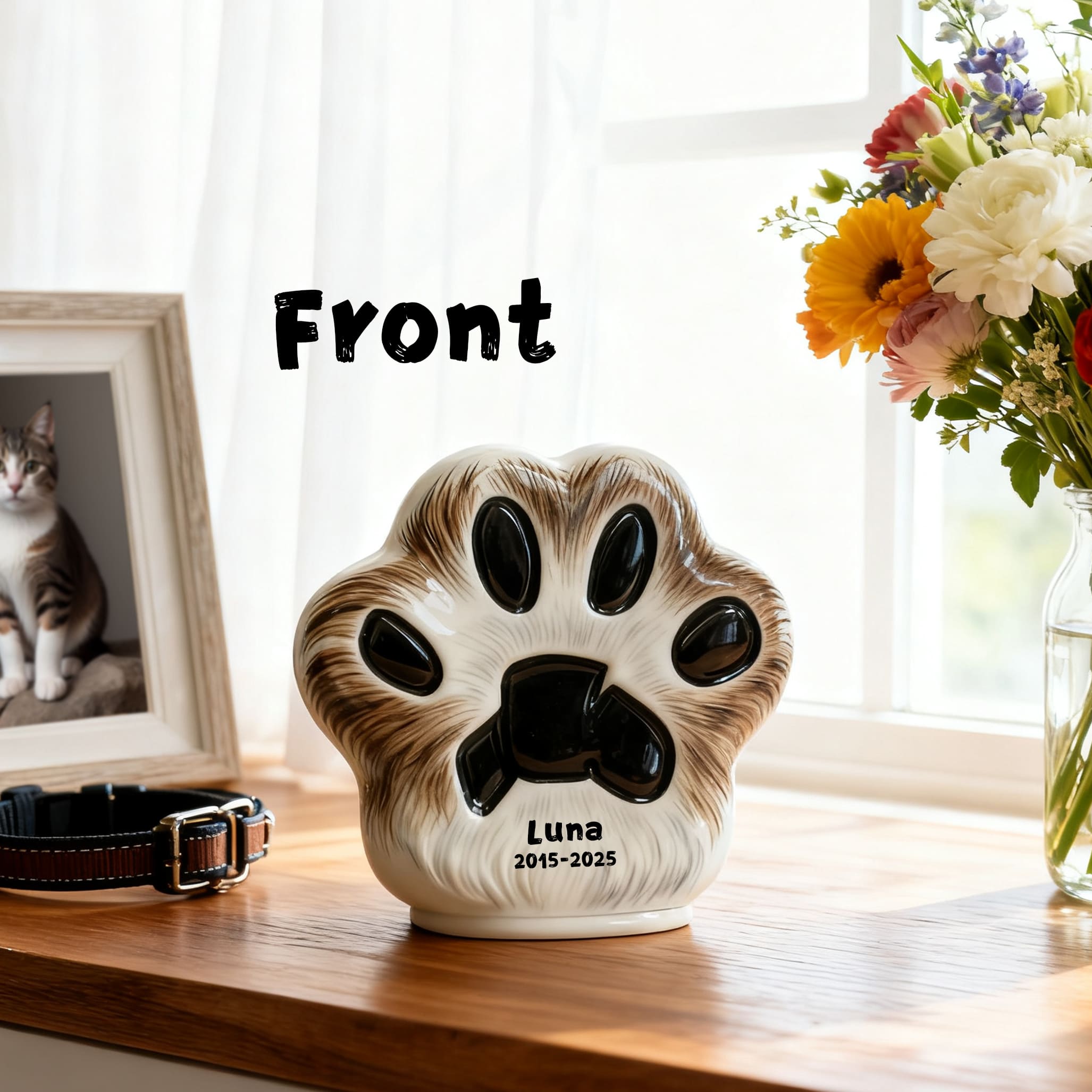 Front view ceramic cat urn with engraved paw print; name “Luna” and 2015–2025
