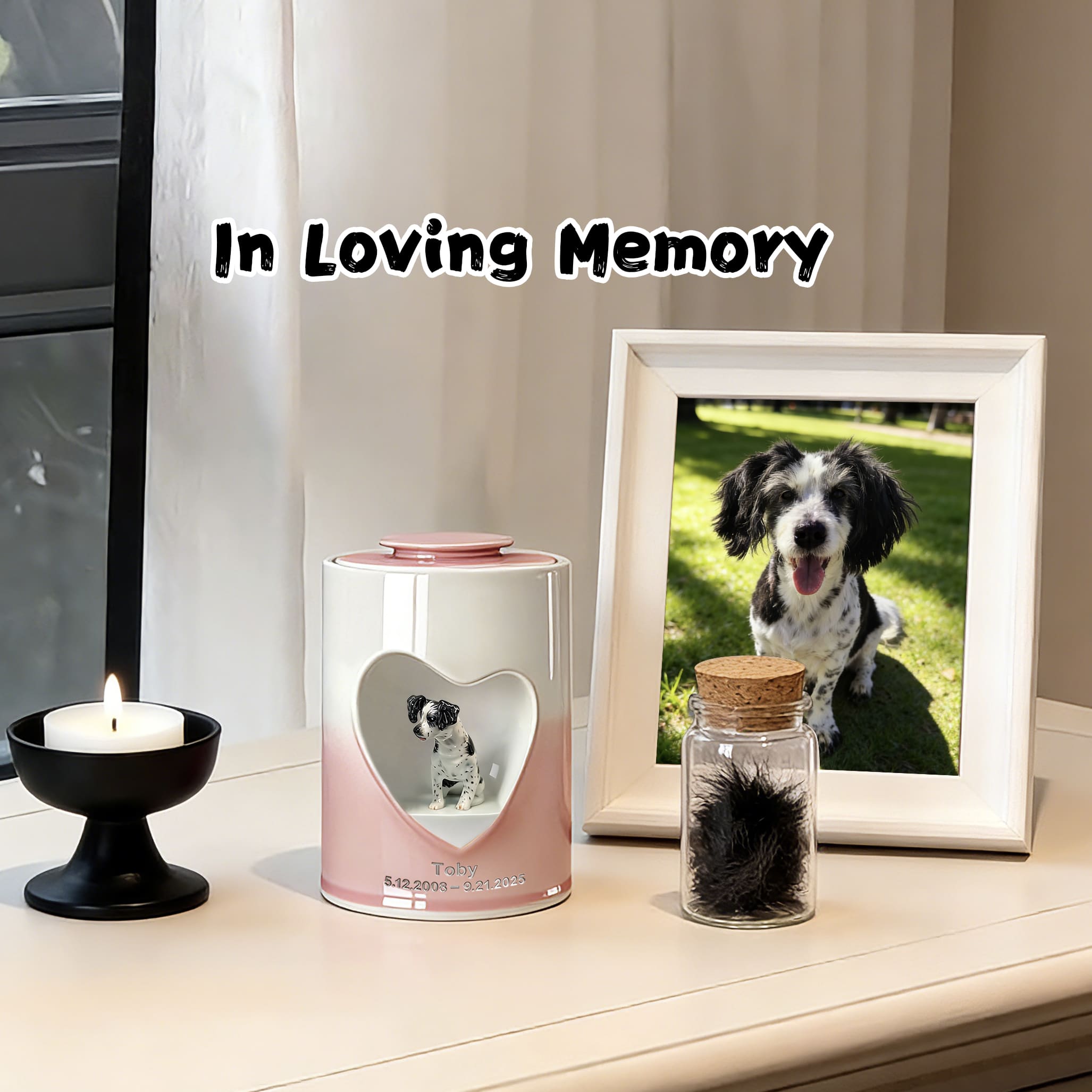 Pink and white dog urn with heart front window and black-and-white dog figurine
