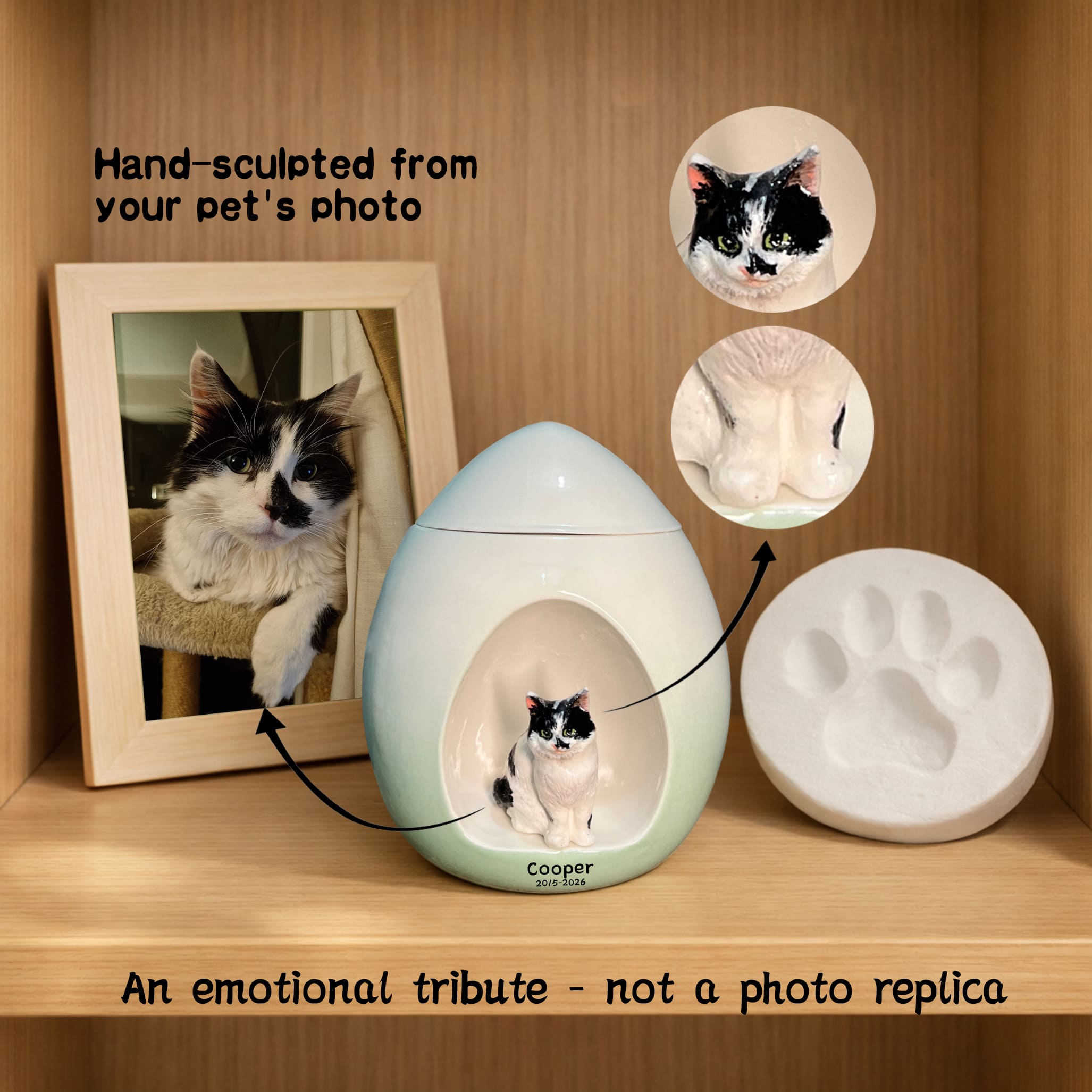 Ceramic cat memorial urn with black-and-white cat figure inside, white and light blue finish