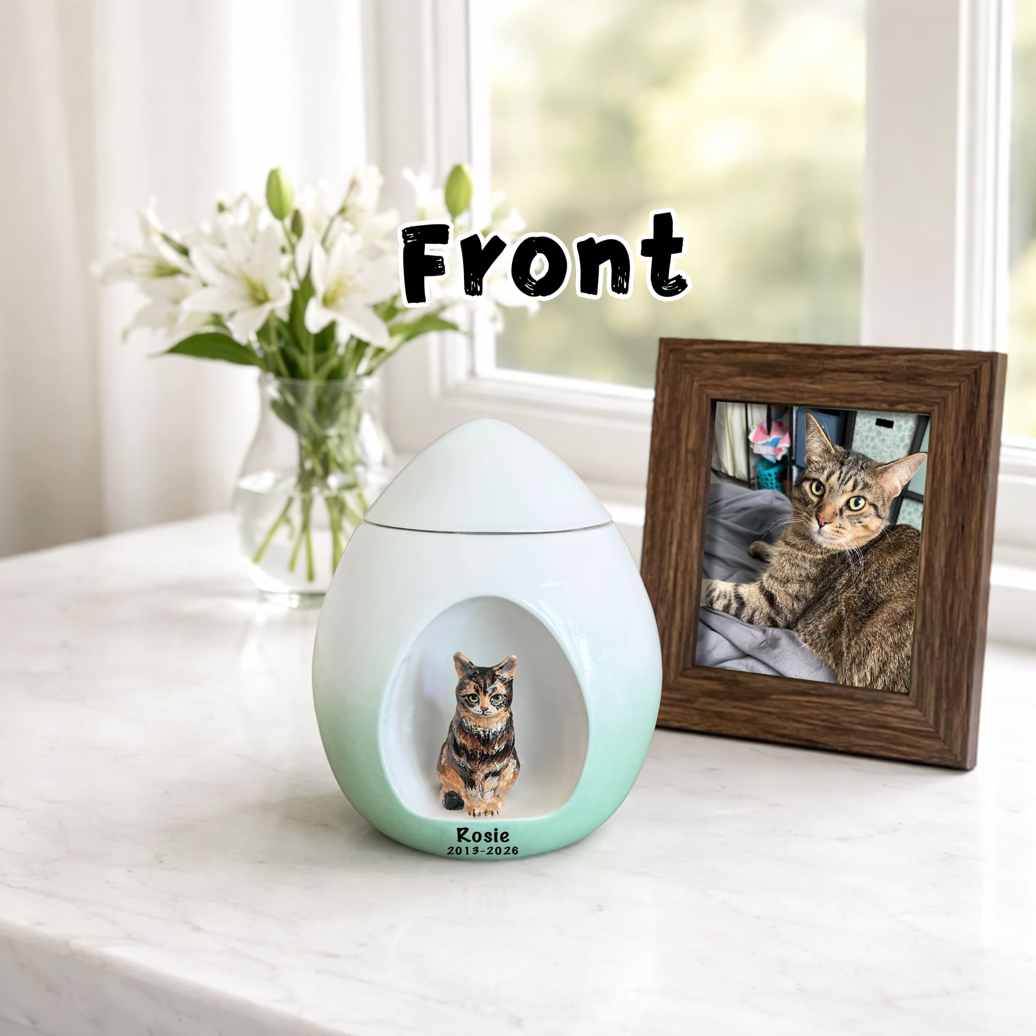 Ceramic cat memorial urn, front view with custom pet photo portrait