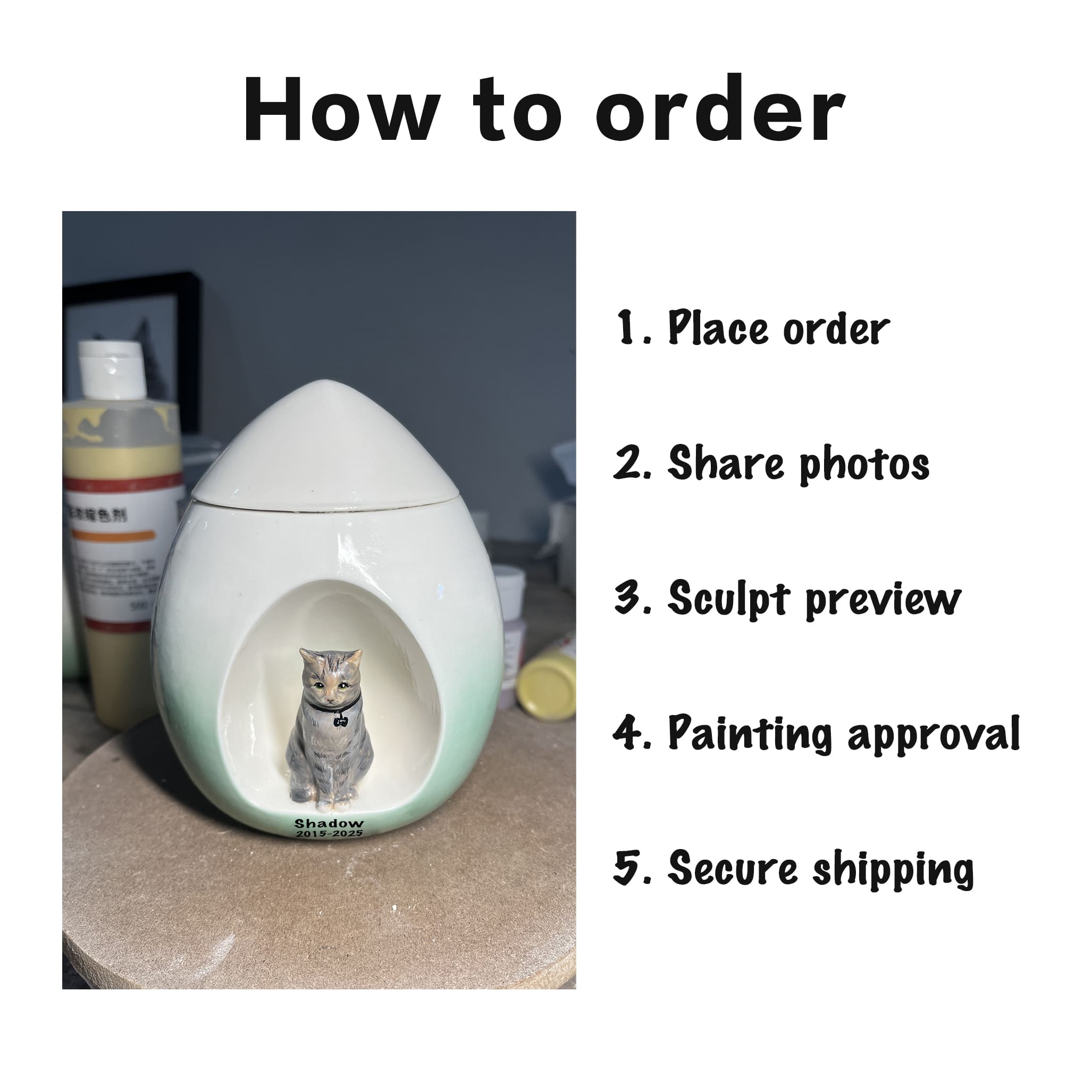 Ceramic cat memorial urn with inset pet photo portrait