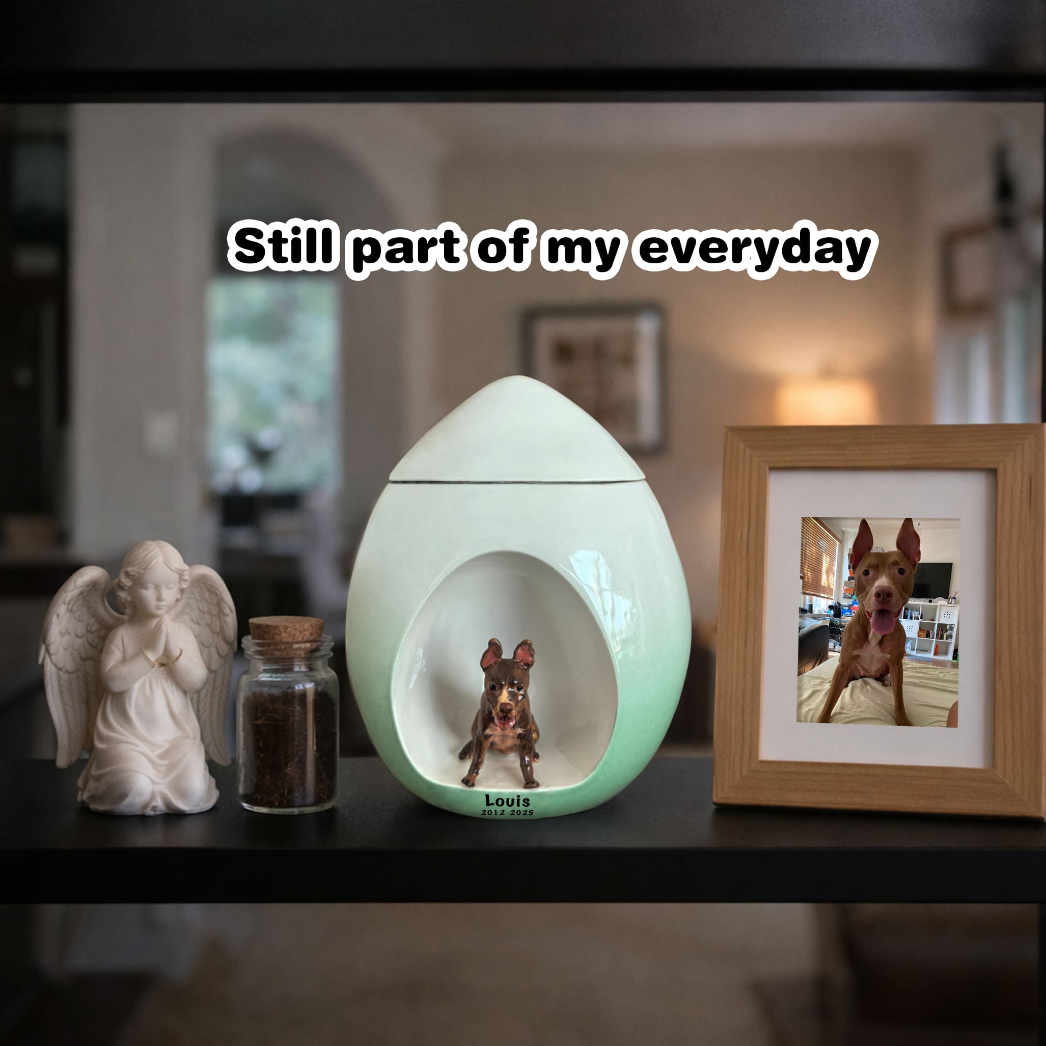 Mint-white dog memorial urn with dog figurine in oval recess