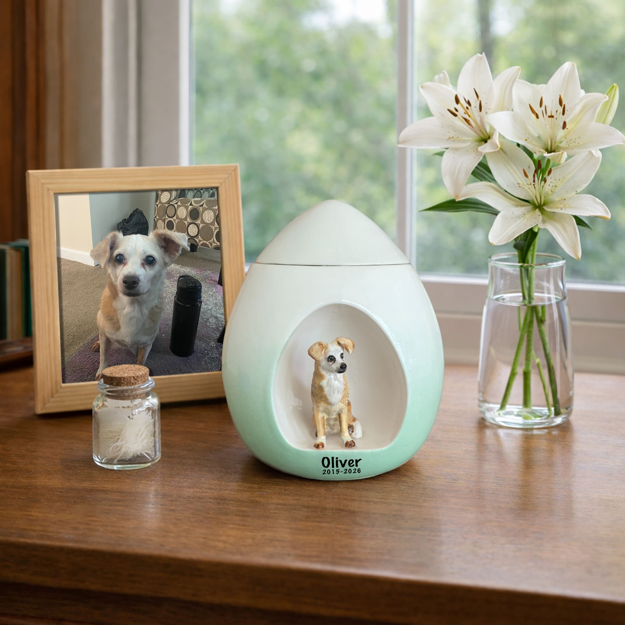 White pet urn with mint-green base and a small dog figurine inset with engraved name