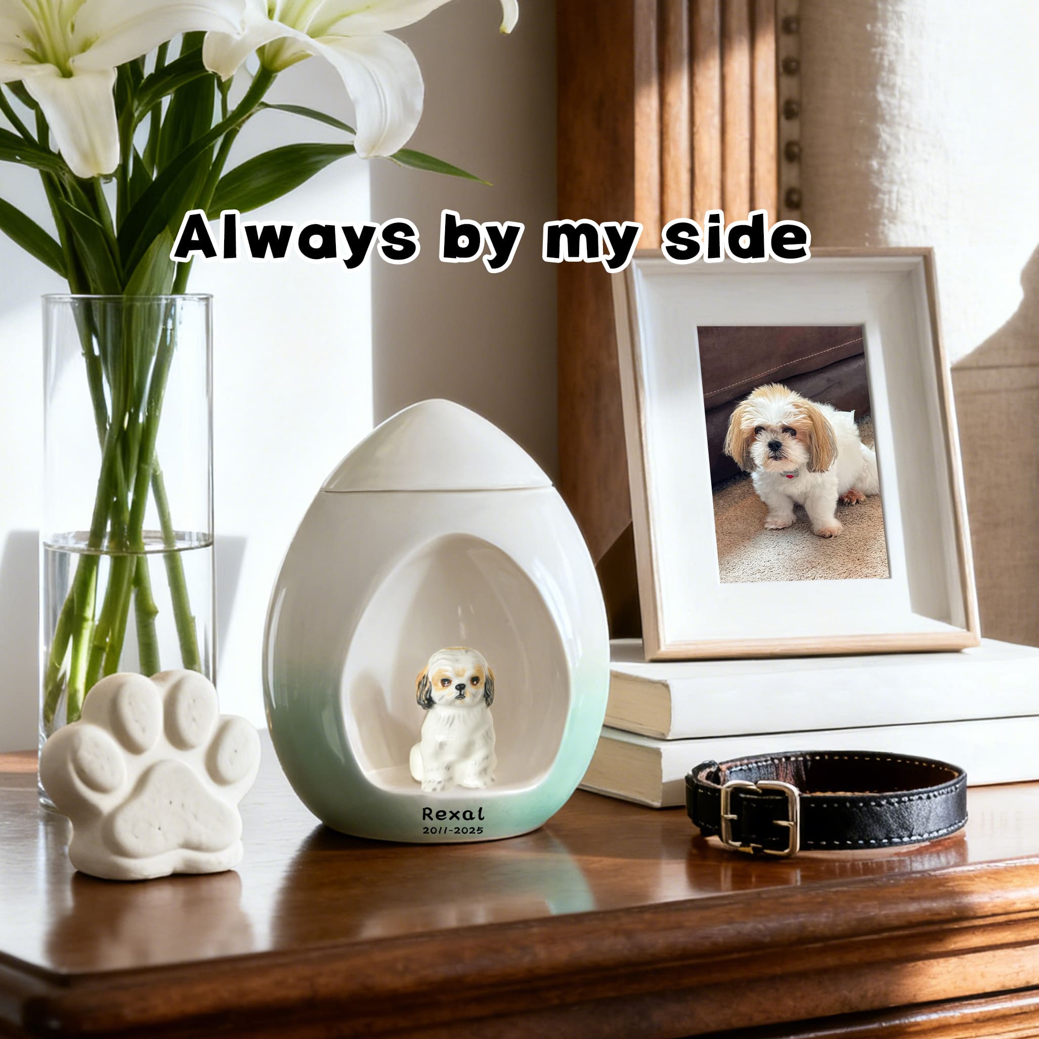 Teardrop Pet Urn – Custom Dog Urn with Personalized Portrait, Name & Date, Always by My Side Memorial
