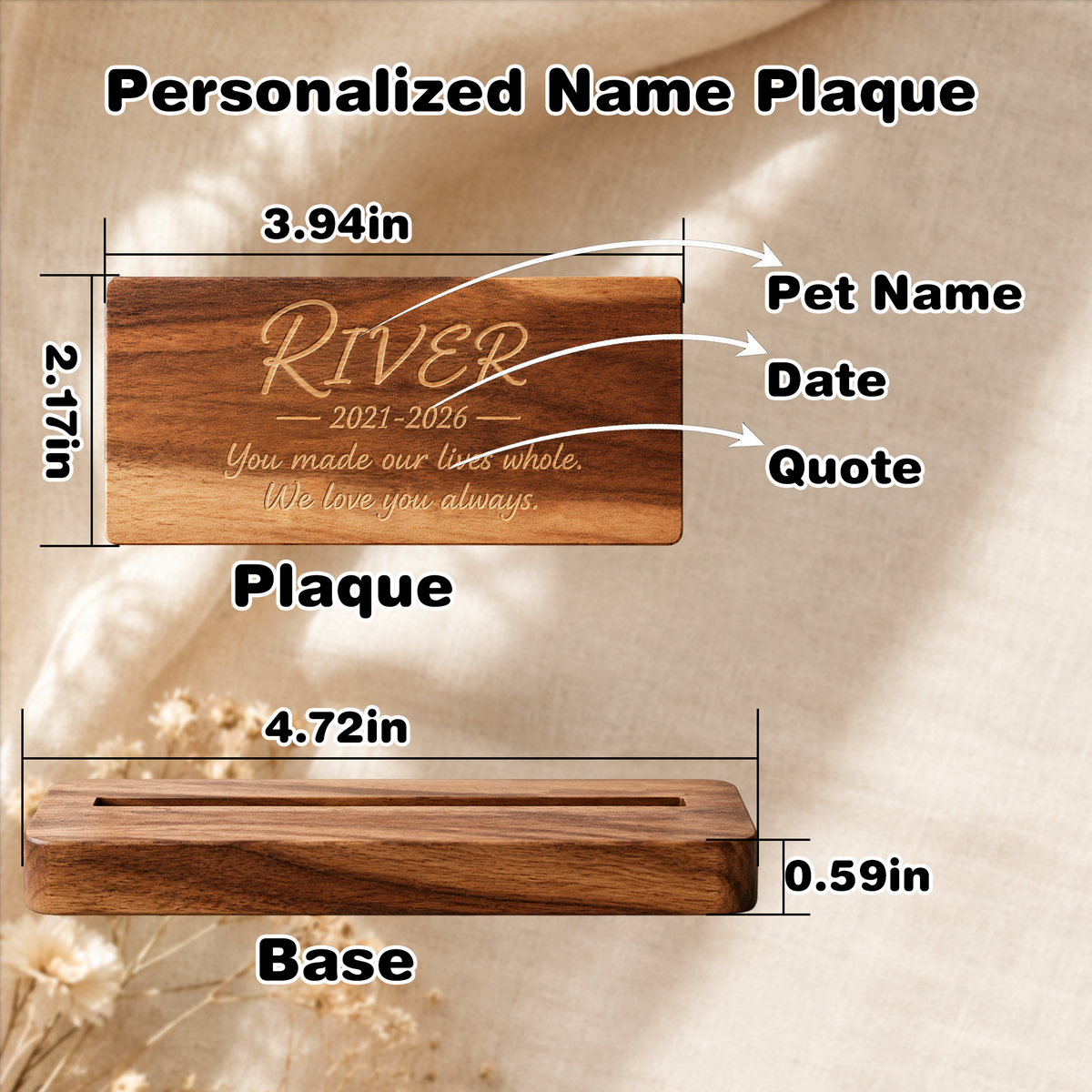 Personalized wooden name plaque for cat memorial shadow box with base, size and customization area for pet name, date, quote