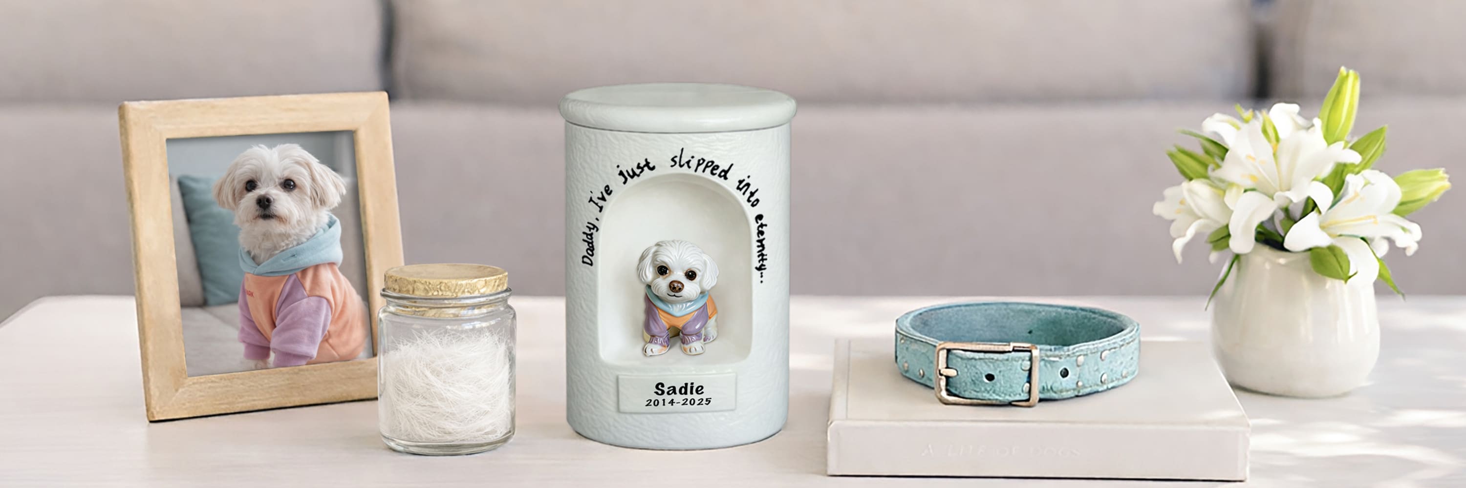 Buddha's Cave Pet Urns Collection Banner (Desktop) – Custom Cylinder Pet Urn with 3D Portrait for Maltese Sadie