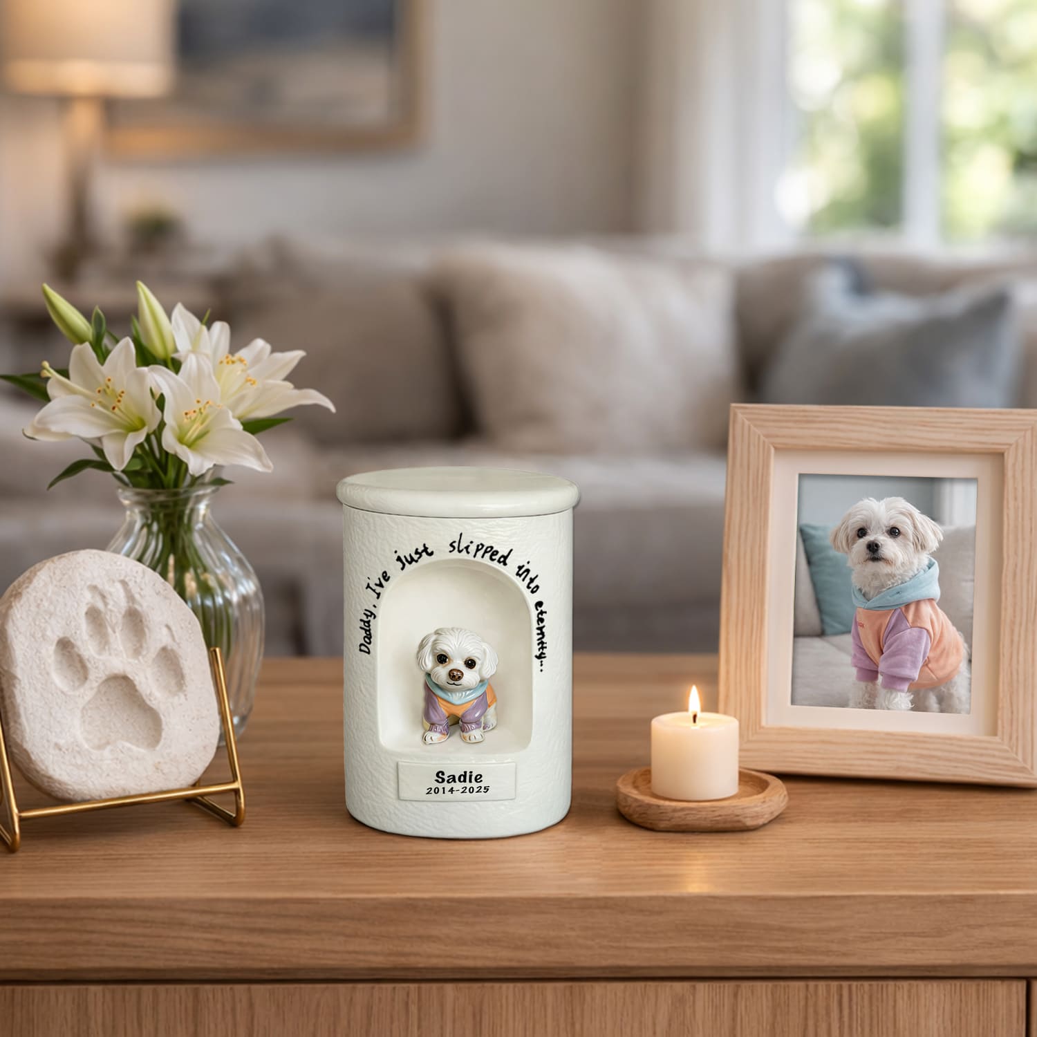 Heirloom Collection Banner – Cylinder Pet Urns with Custom Maltese Portrait in Outfit for Sadie