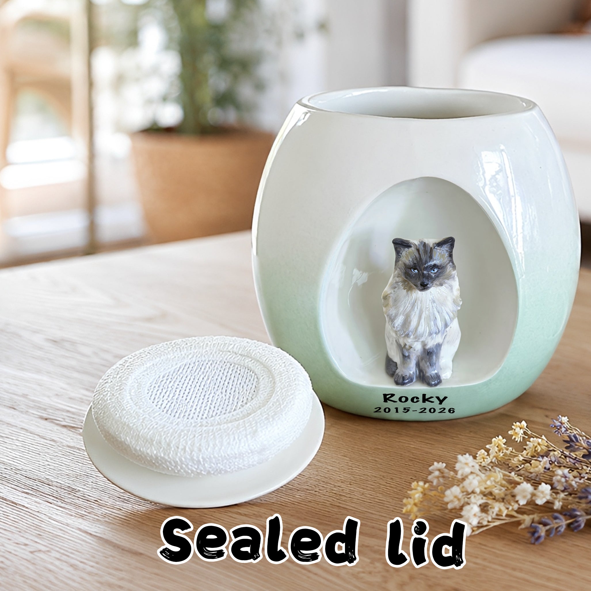 Ceramic cat urn with removable sealed lid and soft inner pouch for pet ashes