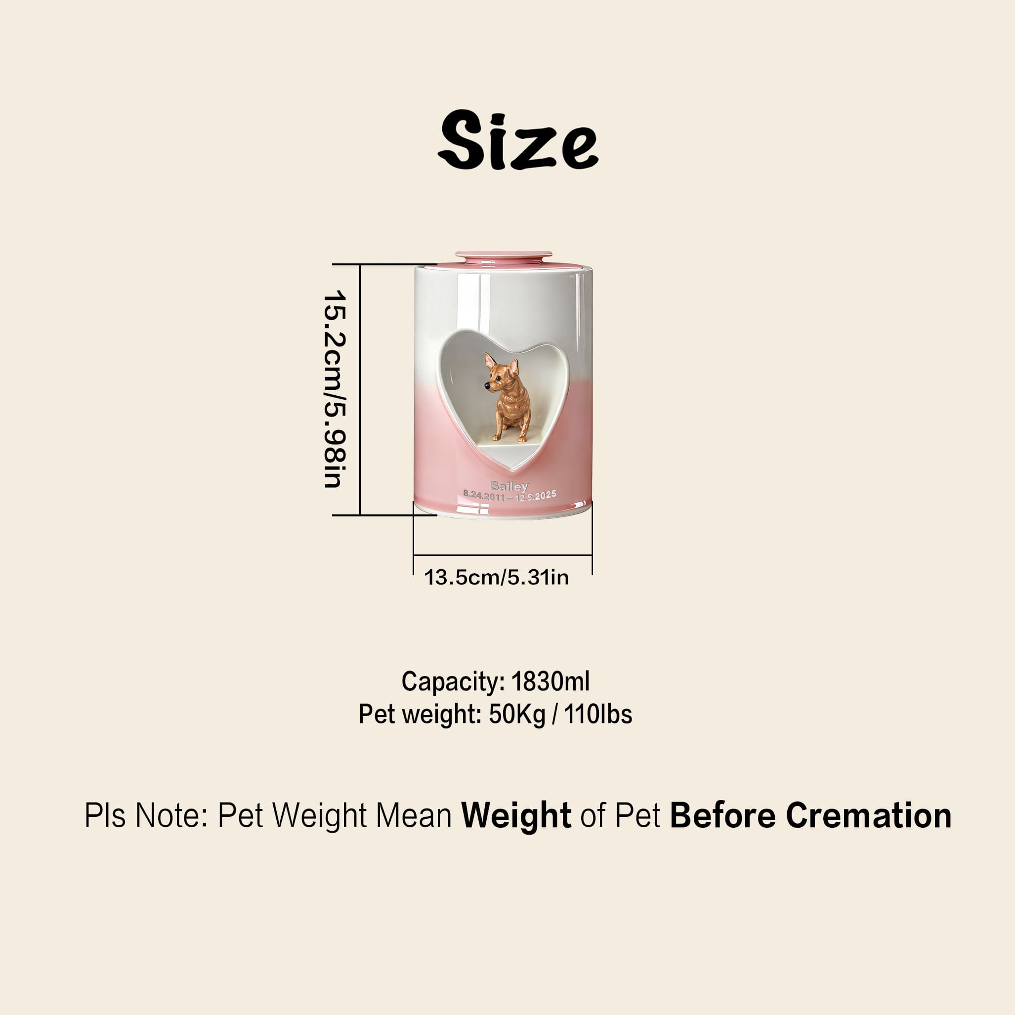 Heart dog cremation urn size diagram: 13.5cm wide, 15.2cm tall; 1830ml capacity
