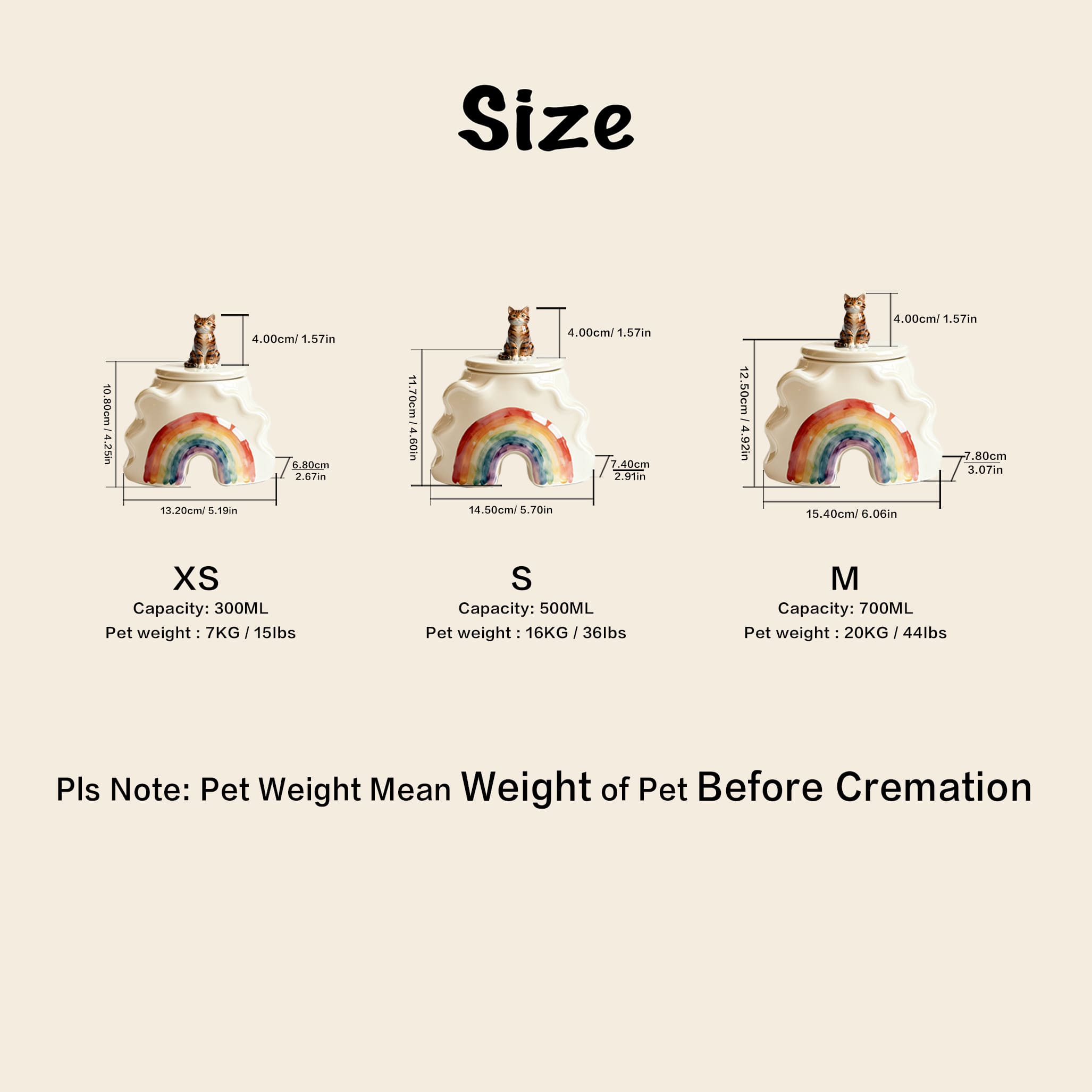 Custom rainbow bridge cat urns size chart showing XS S M capacities and pet weight ranges to help choose the right urn size based on pre cremation weight