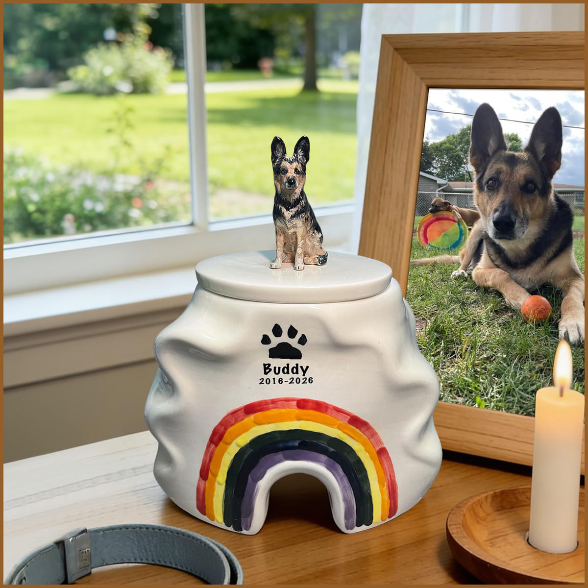 finished custom pet urn with dog figurine and photo displayed in a home setting ready for delivery