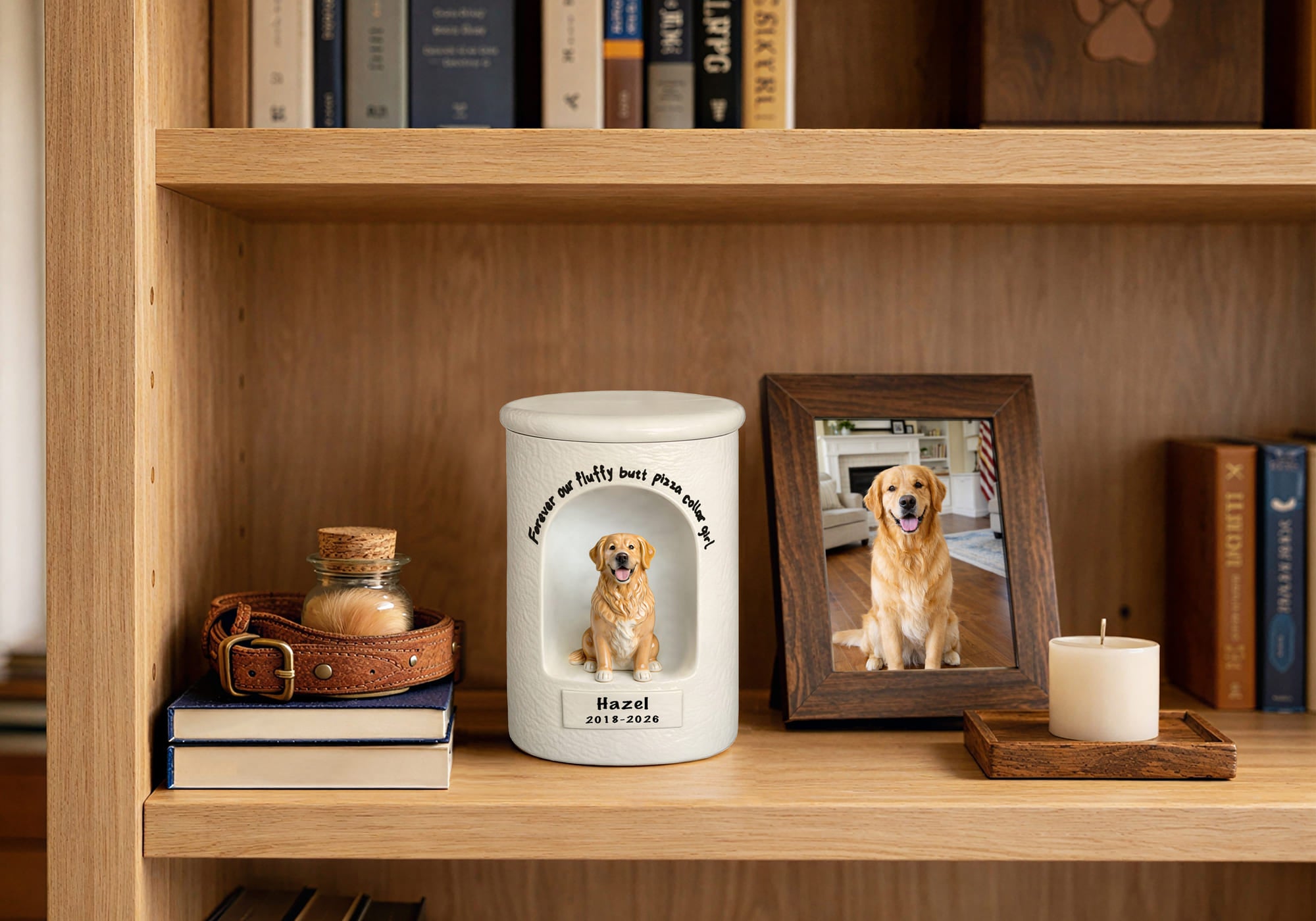 Handmade ceramic dog urn with personalized figurine and photo, displayed on a wooden shelf with pet collar, fur keepsake jar, and candle in a warm home setting