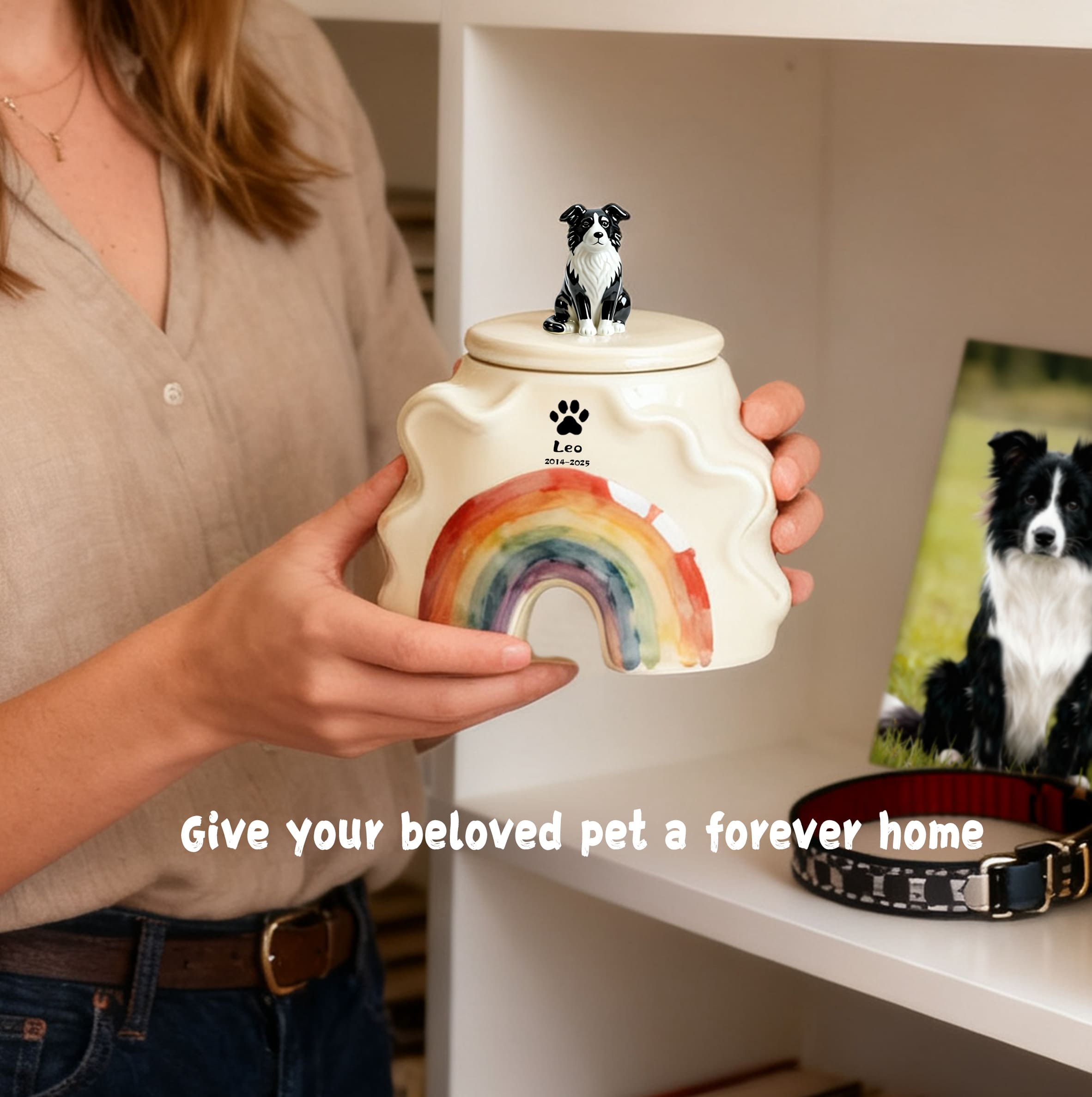 Cream ceramic pet urn with black-and-white dog figurine on lid and rainbow front