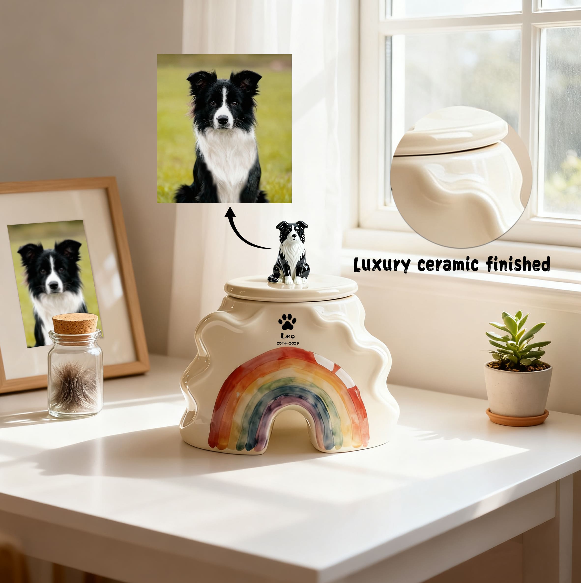 Cream ceramic pet urn with black-and-white dog figurine lid and rainbow front opening