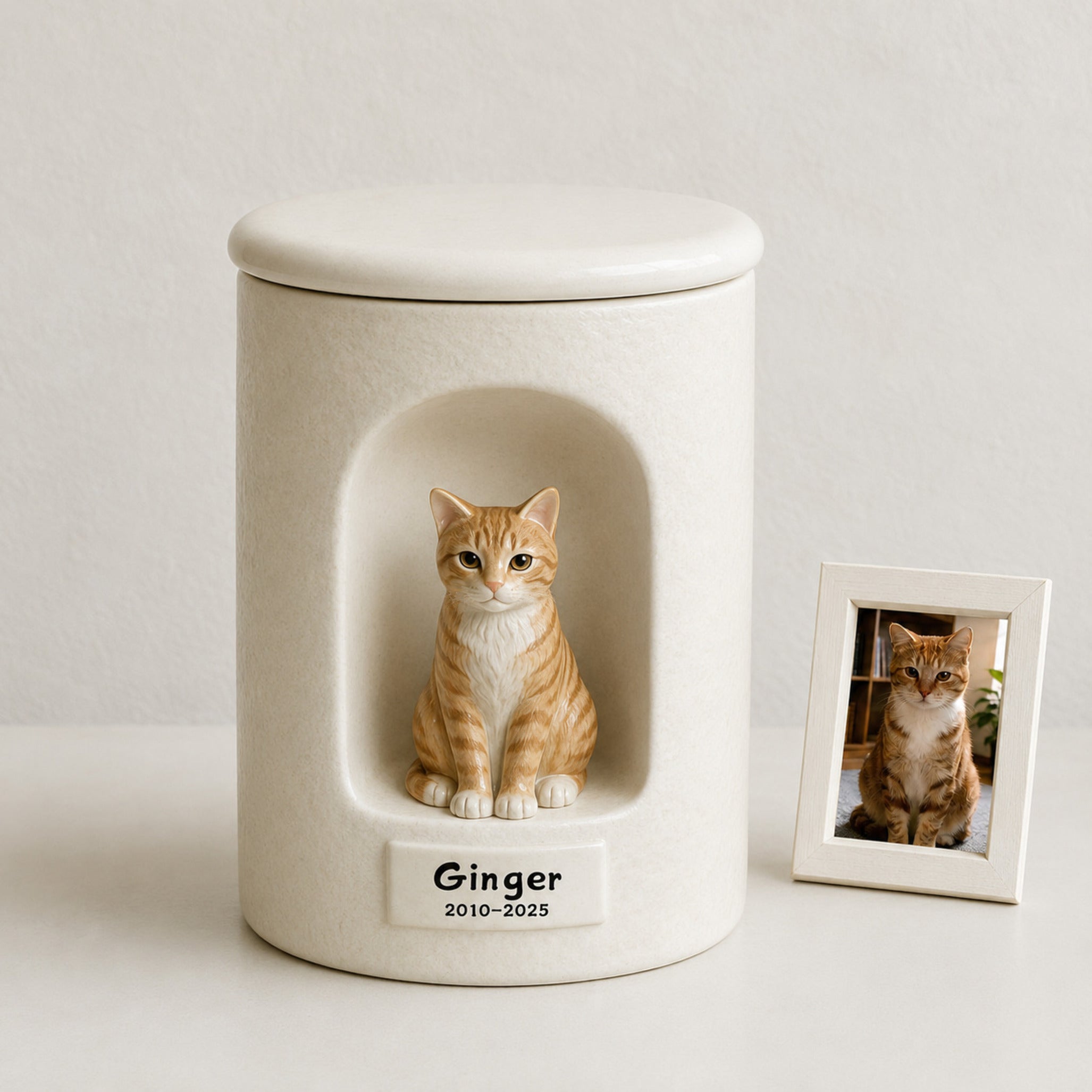 Personalized ceramic cat urn with a hand-painted cat sculpture created from a pet photo