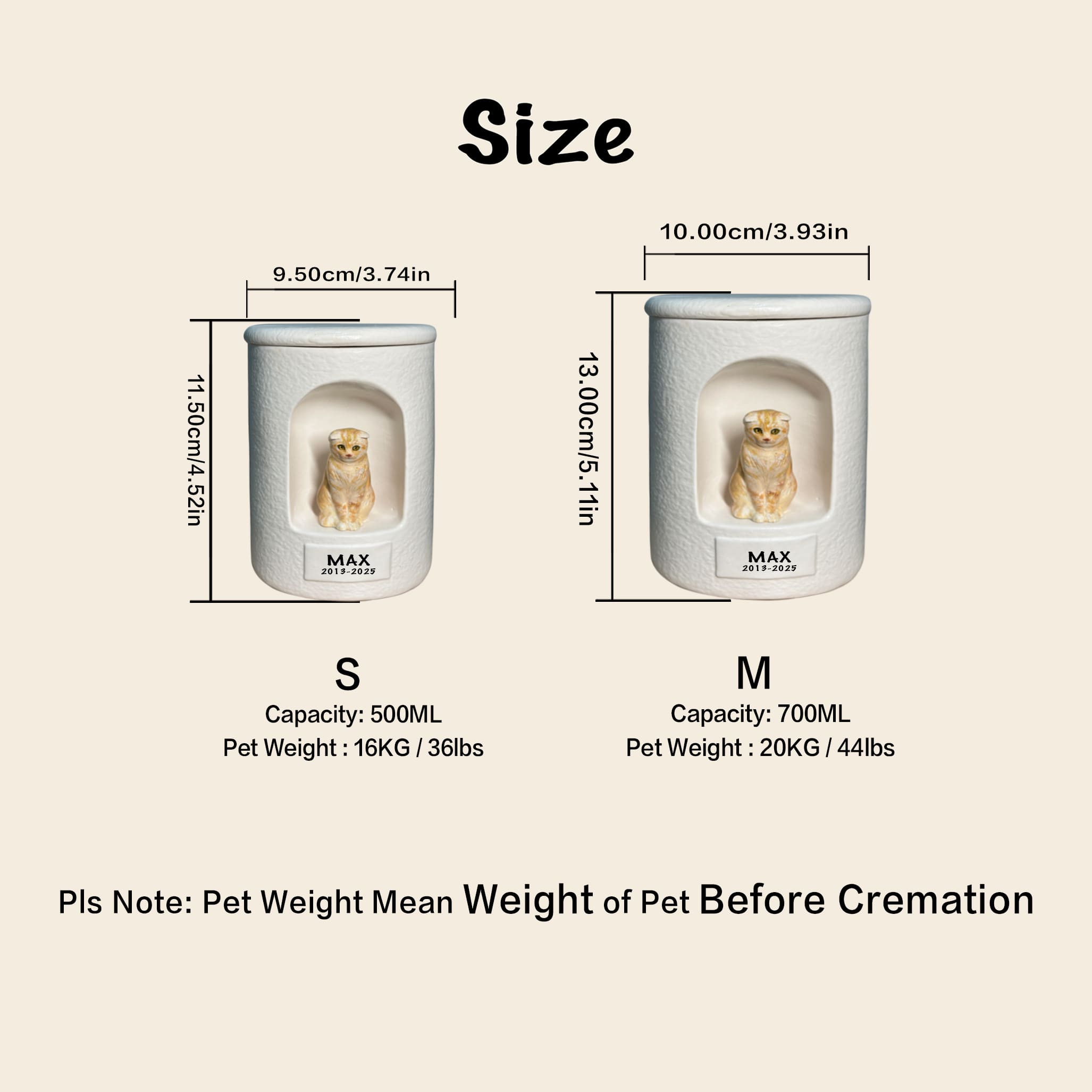 Cat urn size chart: S and M dimensions plus capacity and pet weight notes