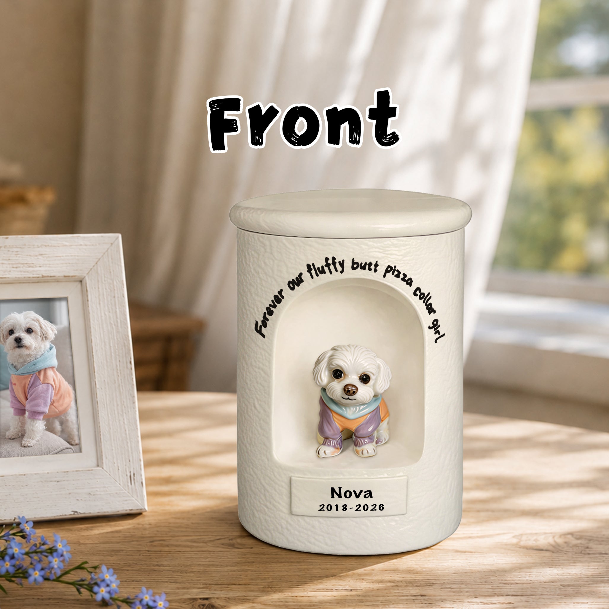 White ceramic dog memorial urn, front view with seated dog figurine and engraved name/date