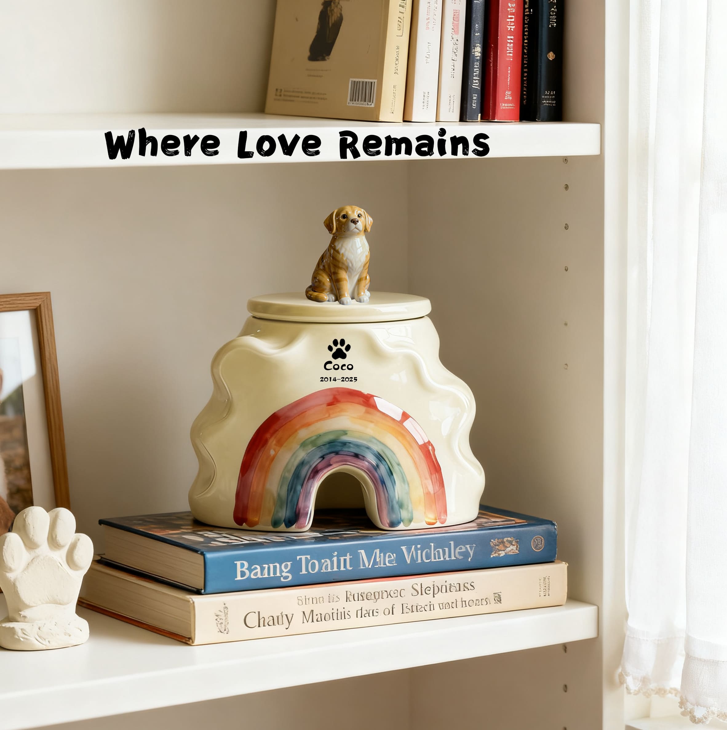 Cream ceramic pet urn with tan dog figurine on lid and rainbow front opening