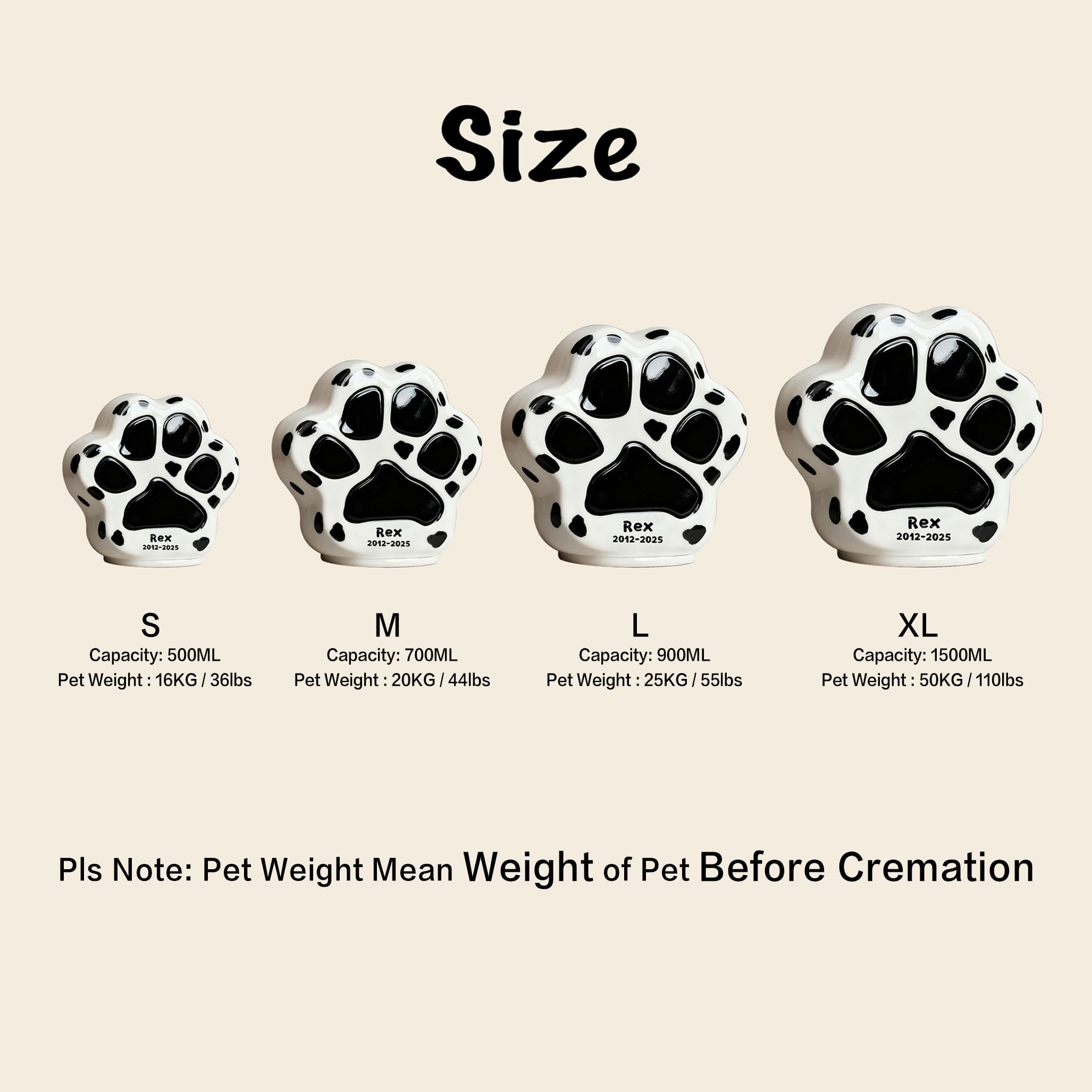 Personalized paw print pet urn hair keepsake size chart showing S M L XL capacities and pet weight ranges to help choose the right urn size based on pre cremation weight