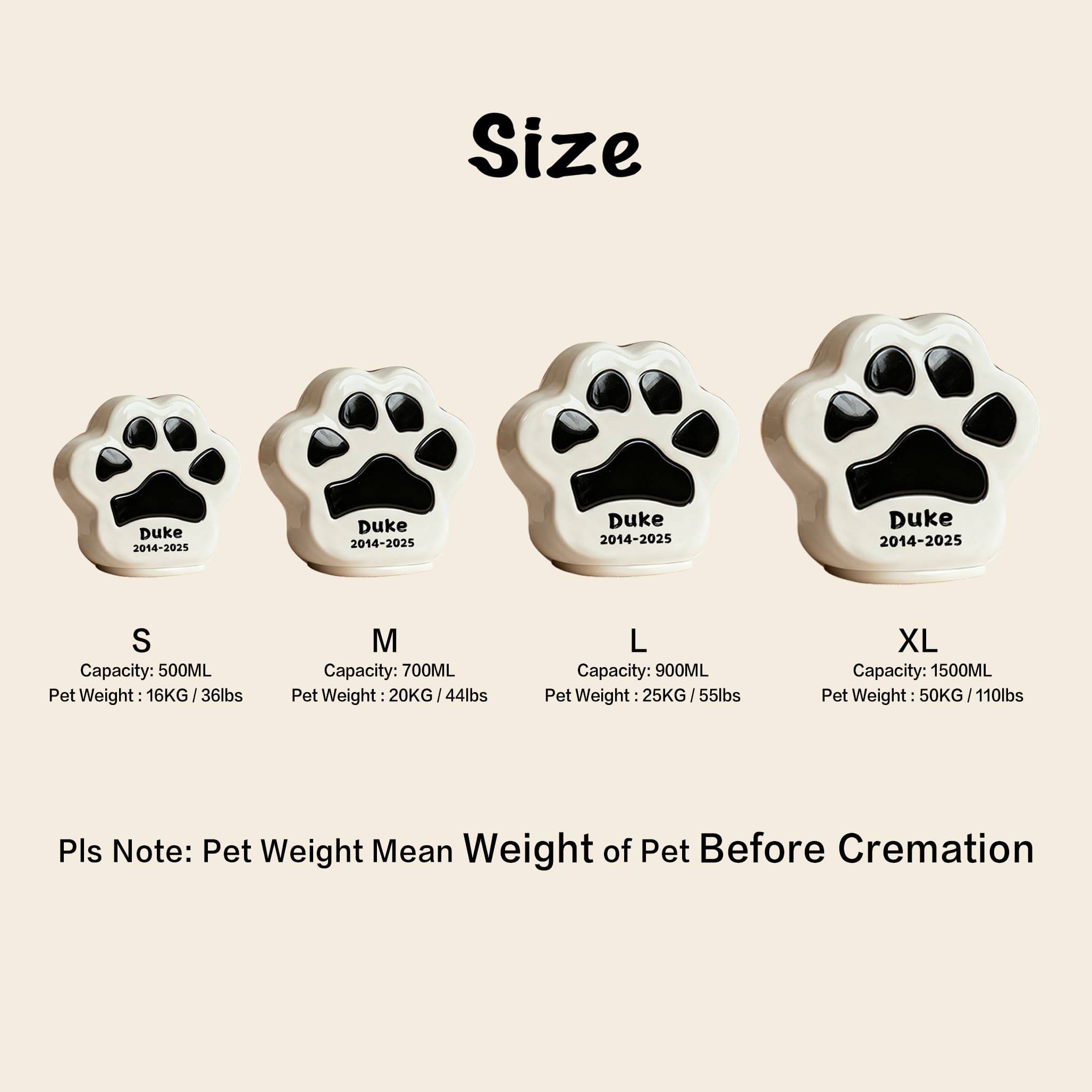Personalized paw print pet urns size chart showing S M L XL capacities and pet weight ranges to help choose the right urn size based on pre cremation weight