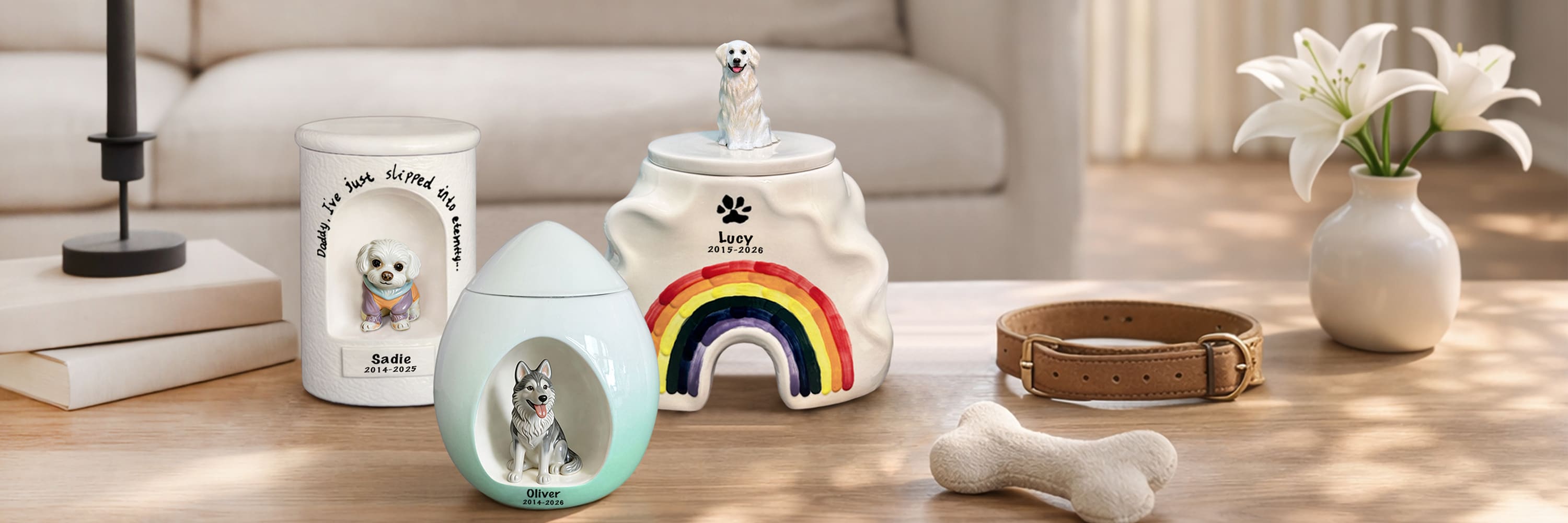 Personalized ceramic pet urn with custom figurine displayed in a warm home memorial setting