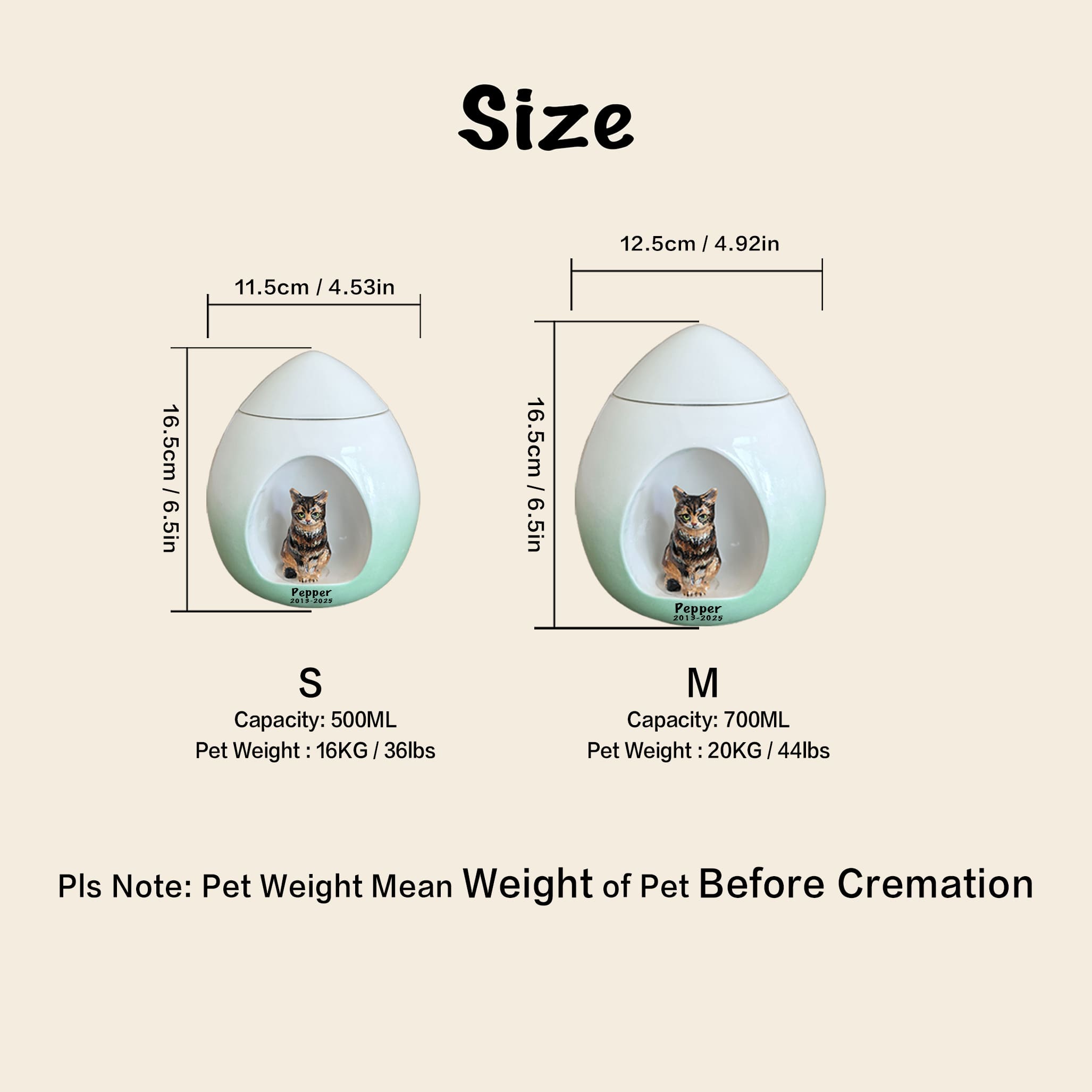 Ceramic cat memorial urn size diagram with height and width measurements