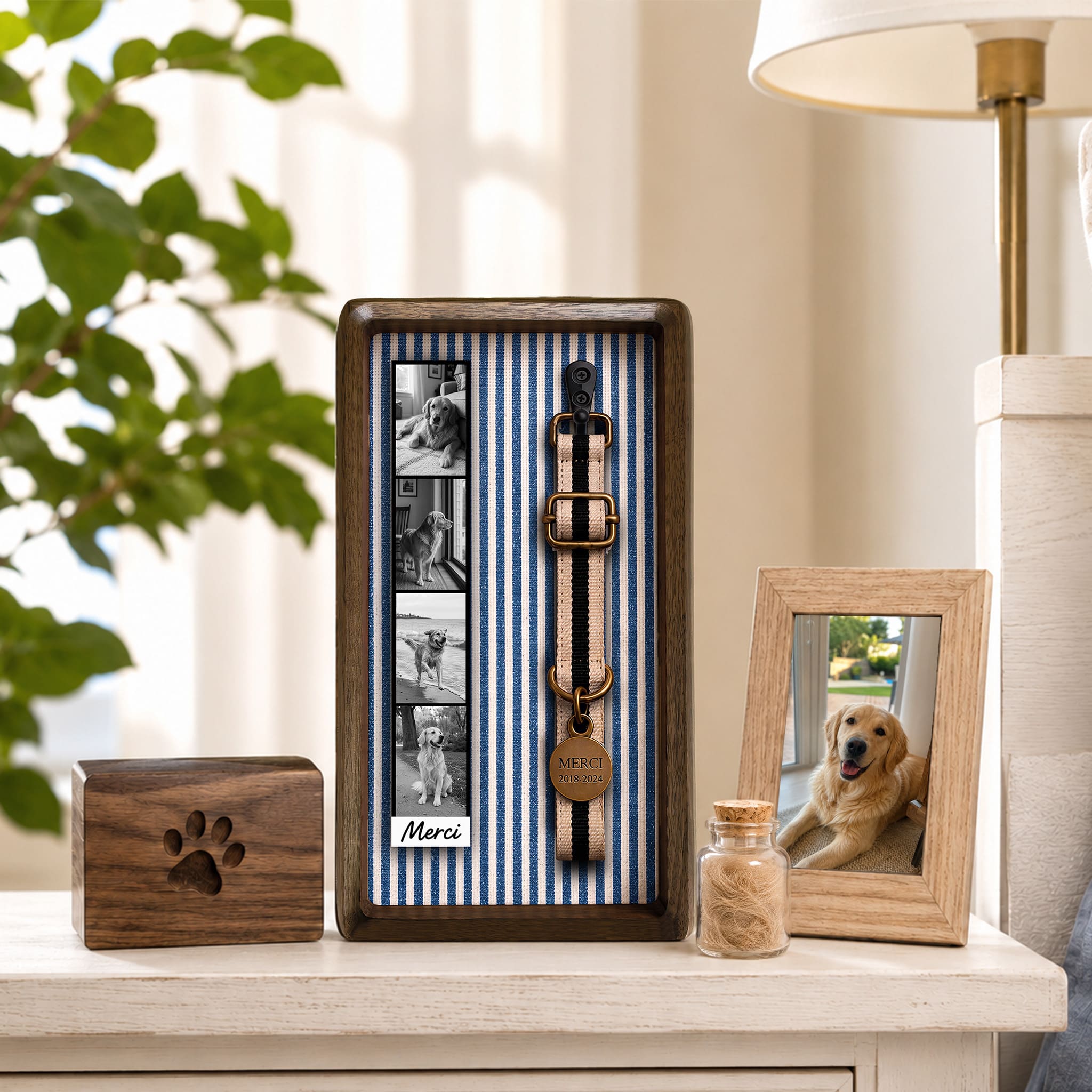 Pet collar memorial frame displayed on a shelf with home memorial decor and a sample collar shown for reference