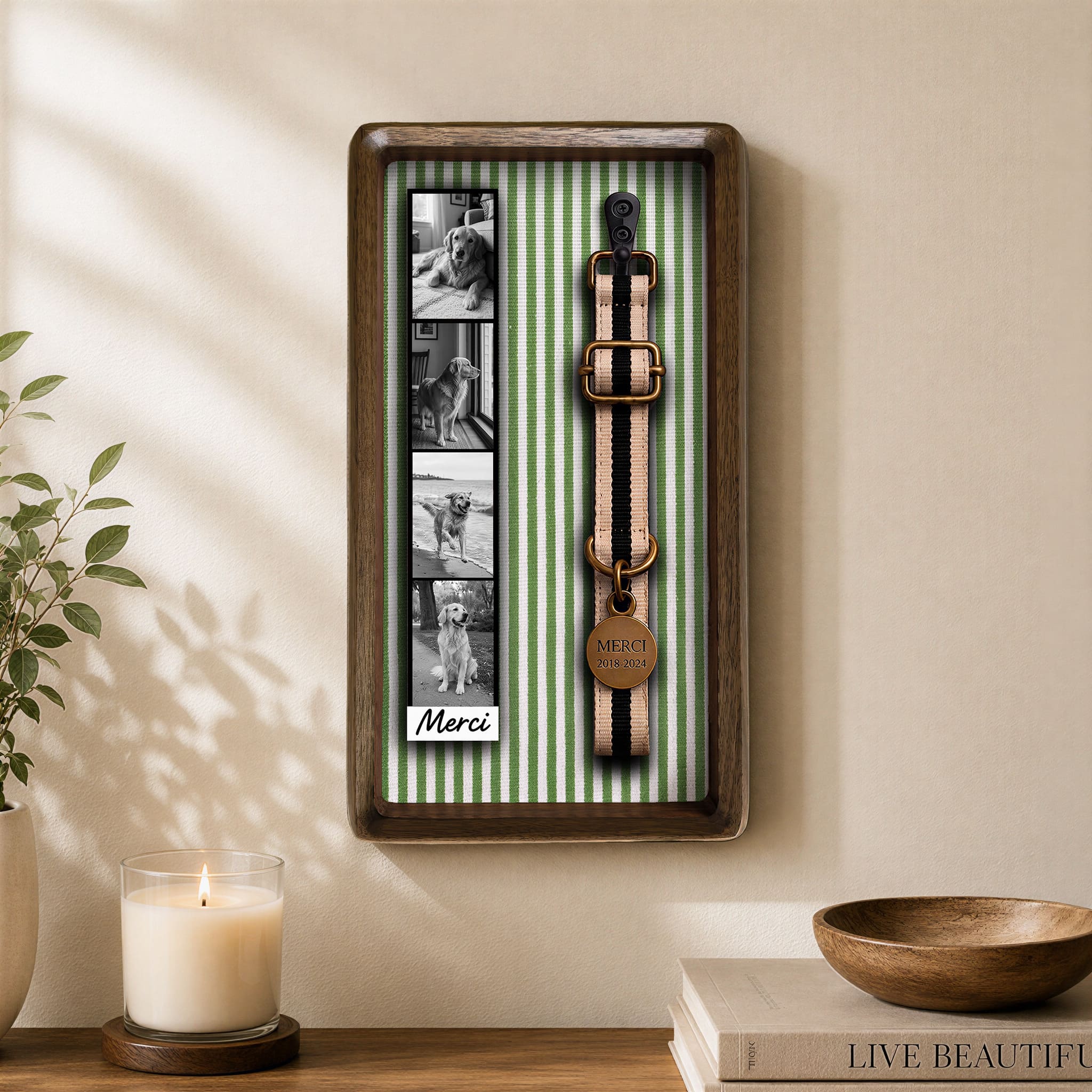 Pet collar memorial frame displayed on a home wall, designed to hold a pet photo strip and the customer’s own keepsake collar