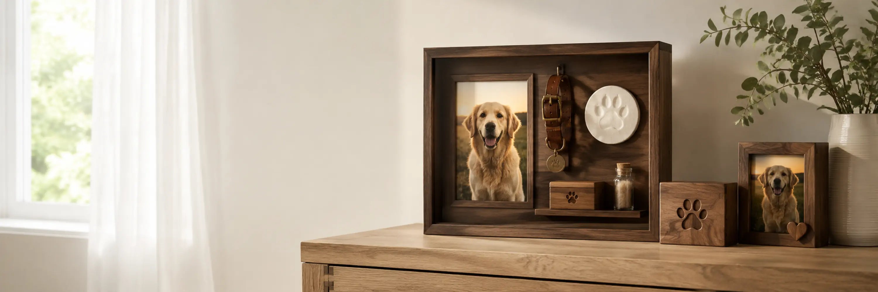 Pet memorial displays collection banner featuring a wooden dog memorial shadow box with photo, collar, paw print keepsake, and keepsake box