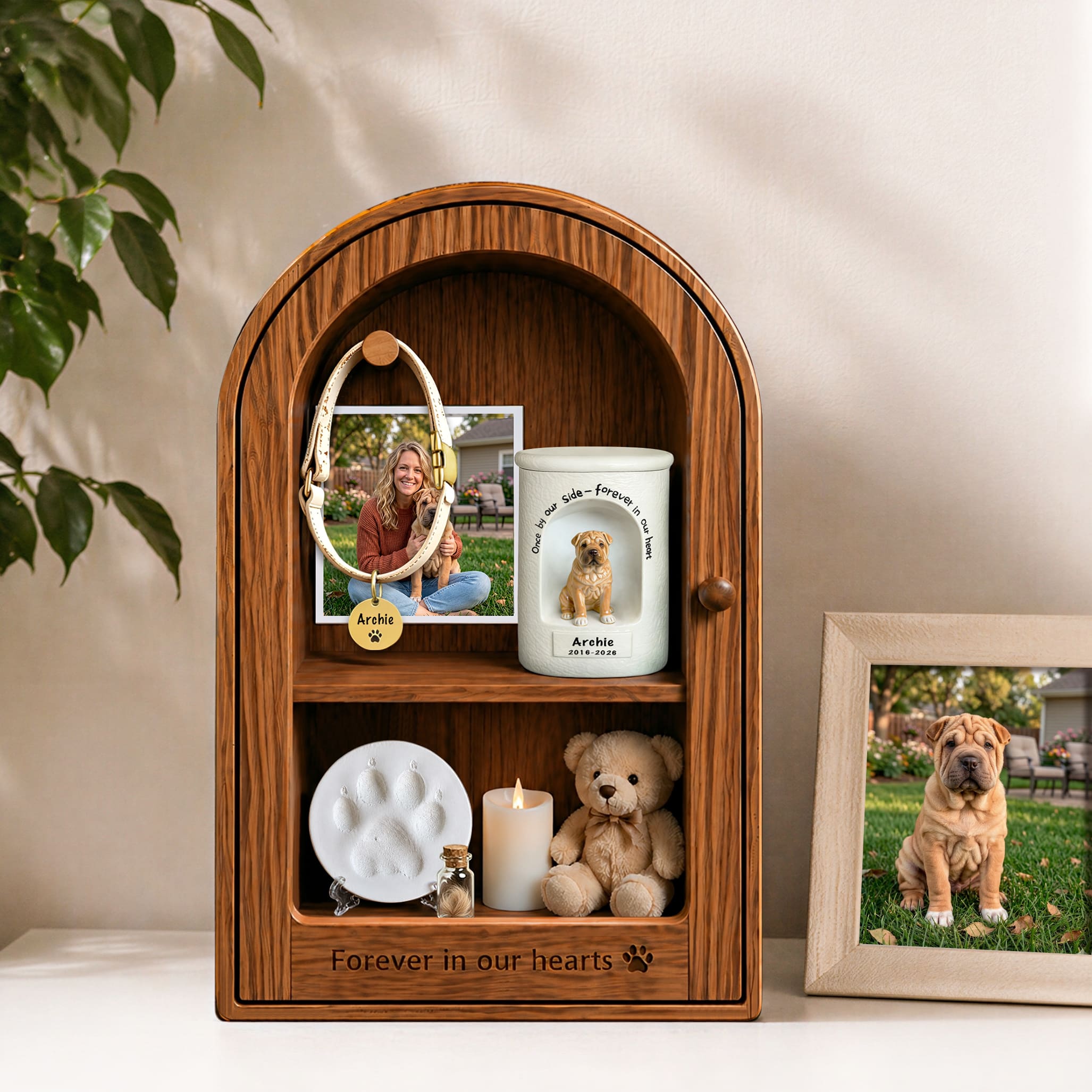 Pet memorial shadow box with photo and quote for displaying a collar paw print and keepsakes