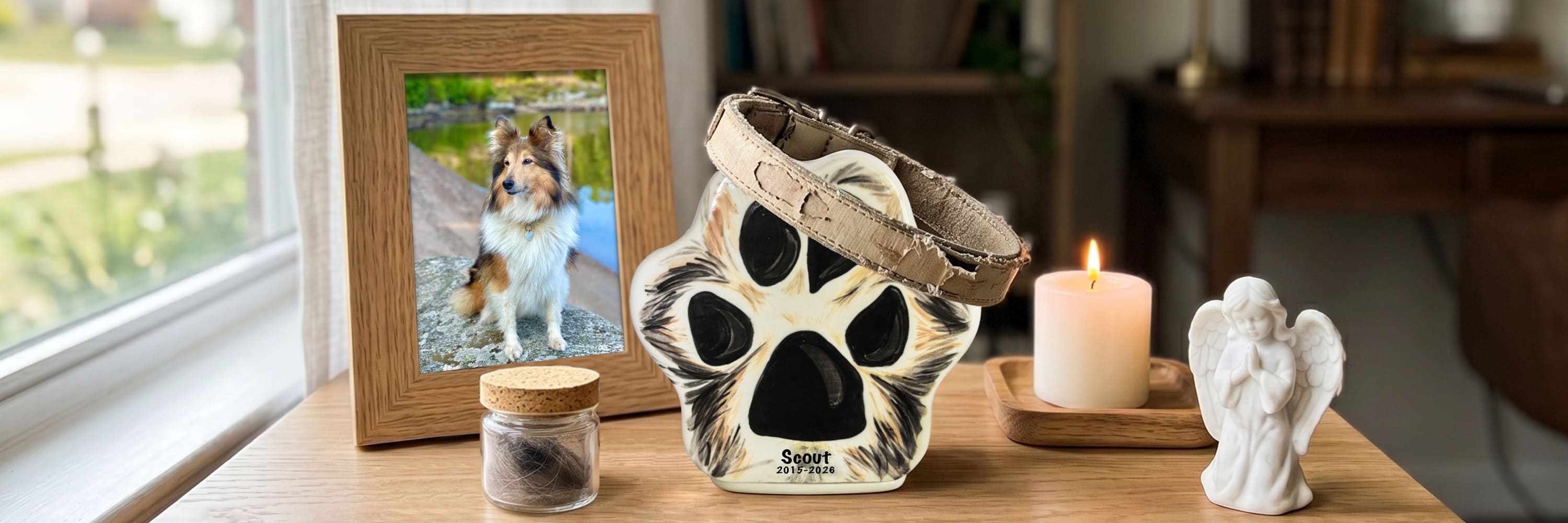 Pet memorial by a window with soft natural light creating a peaceful home space