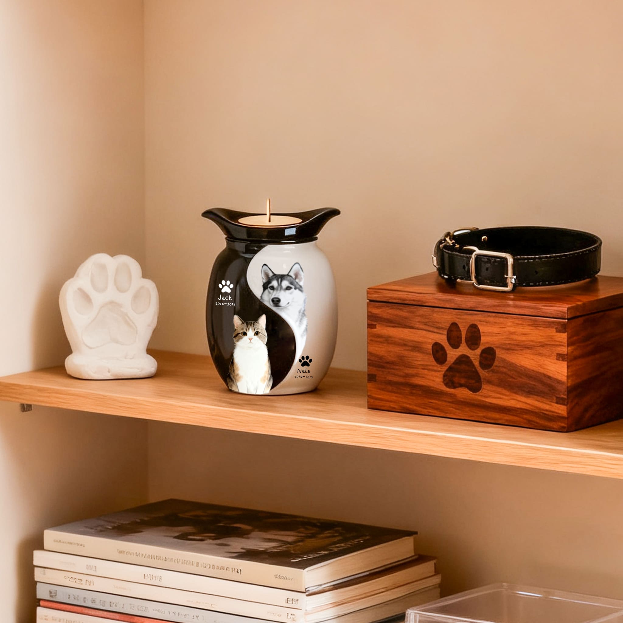Double pet memorial urn with two pet portraits and tea-light candle top, black and white glaze