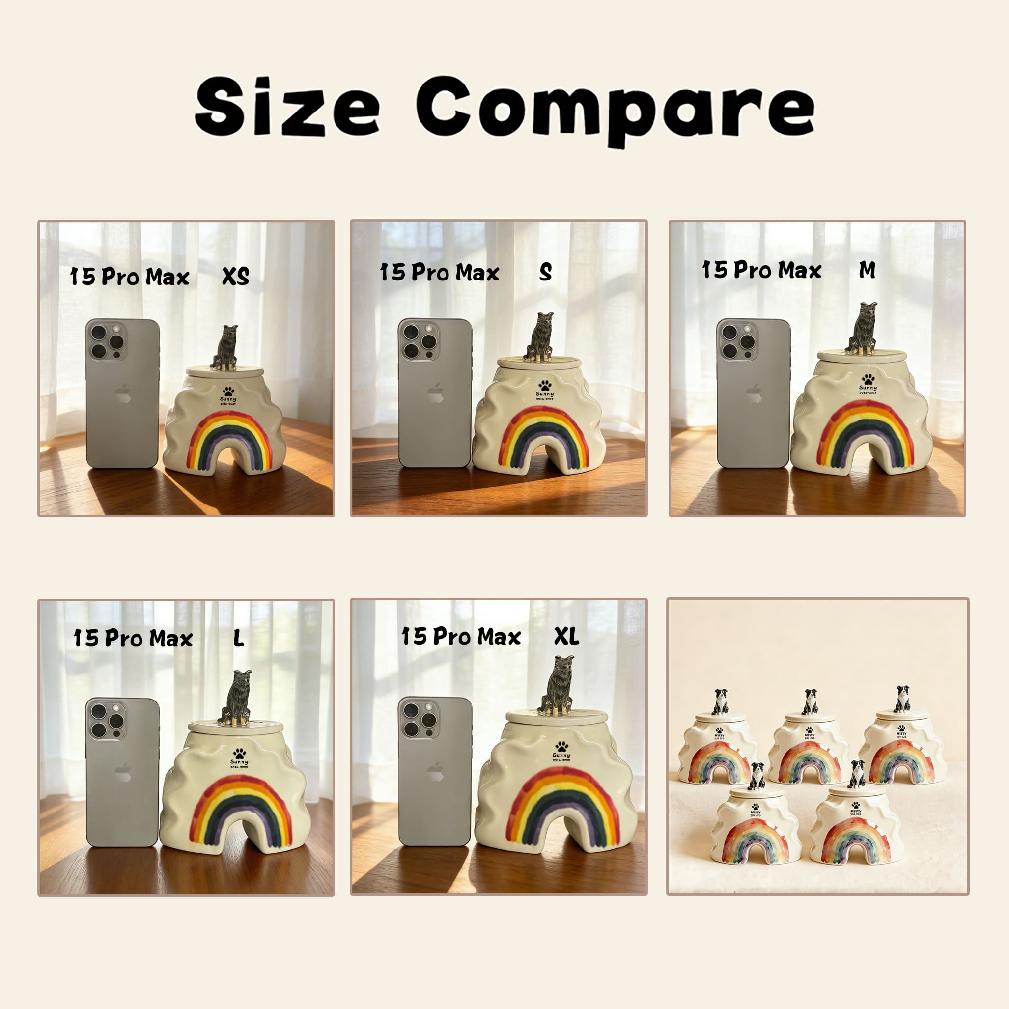 Ceramic dog pet urn size comparison with rainbow front, multiple views