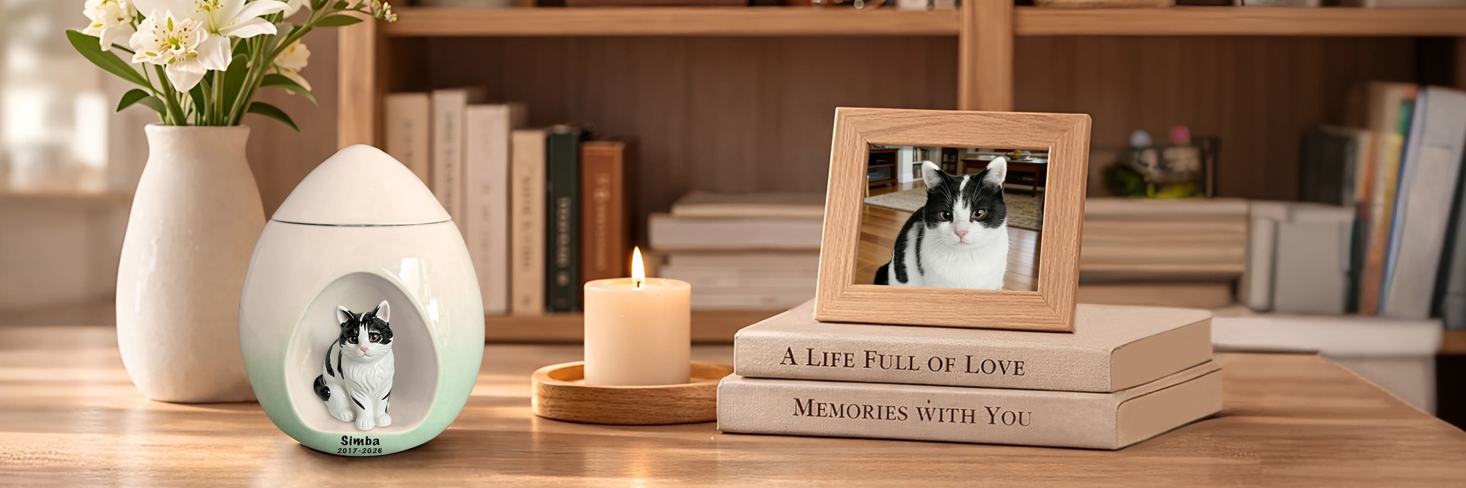 Teardrop pet urn for cat ashes displayed with framed pet photo candle and books in a peaceful home memorial setting