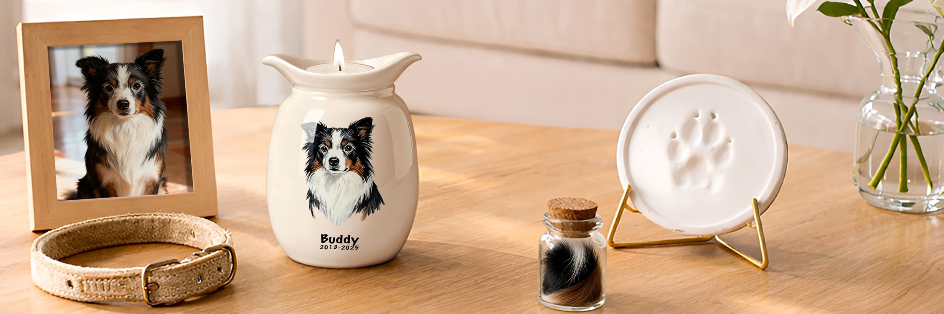 Ceramic urn for two pets with custom figurines displayed in a warm home memorial setting