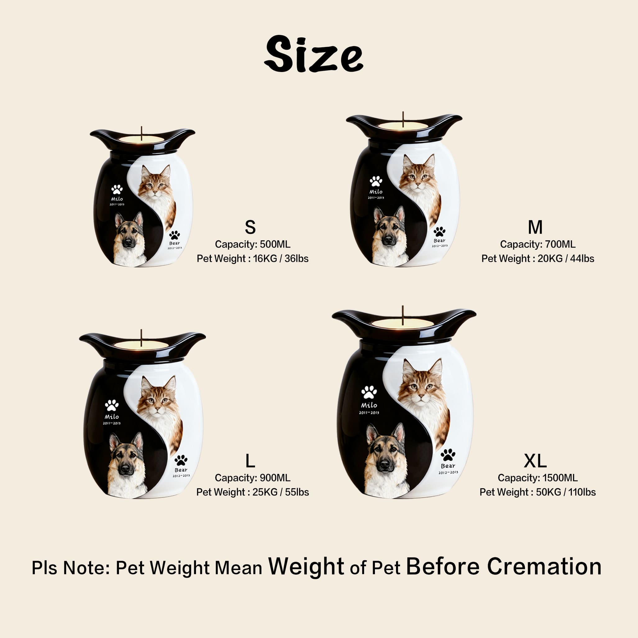 Size chart for double pet urn: S 500ML, M 700ML, L 900ML, XL 1500ML.