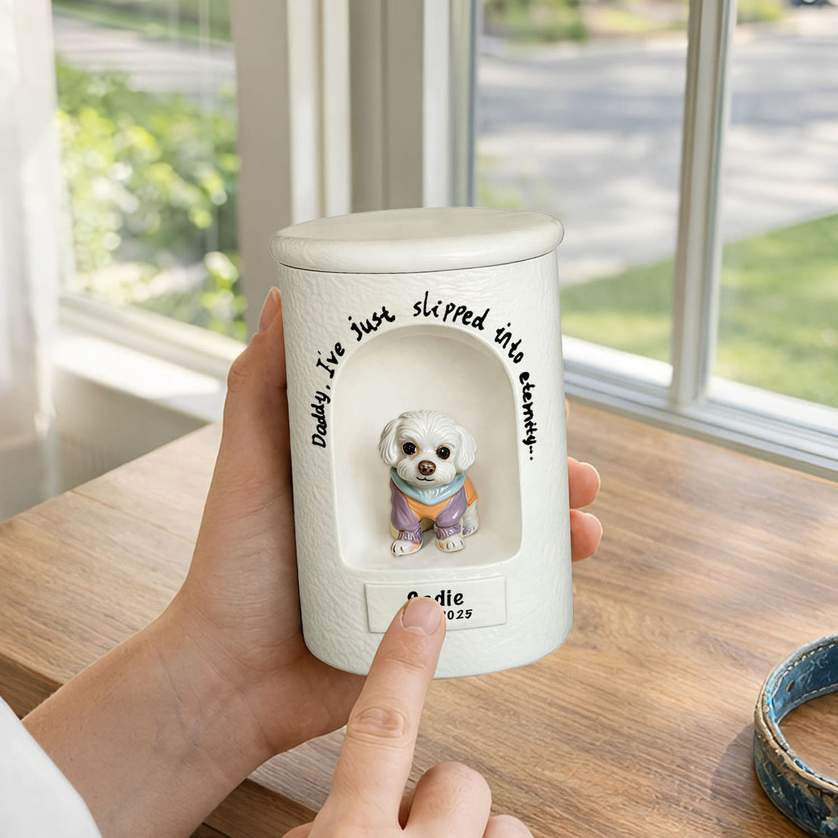Ceramic pet urn placed on a home shelf in a calm and natural setting