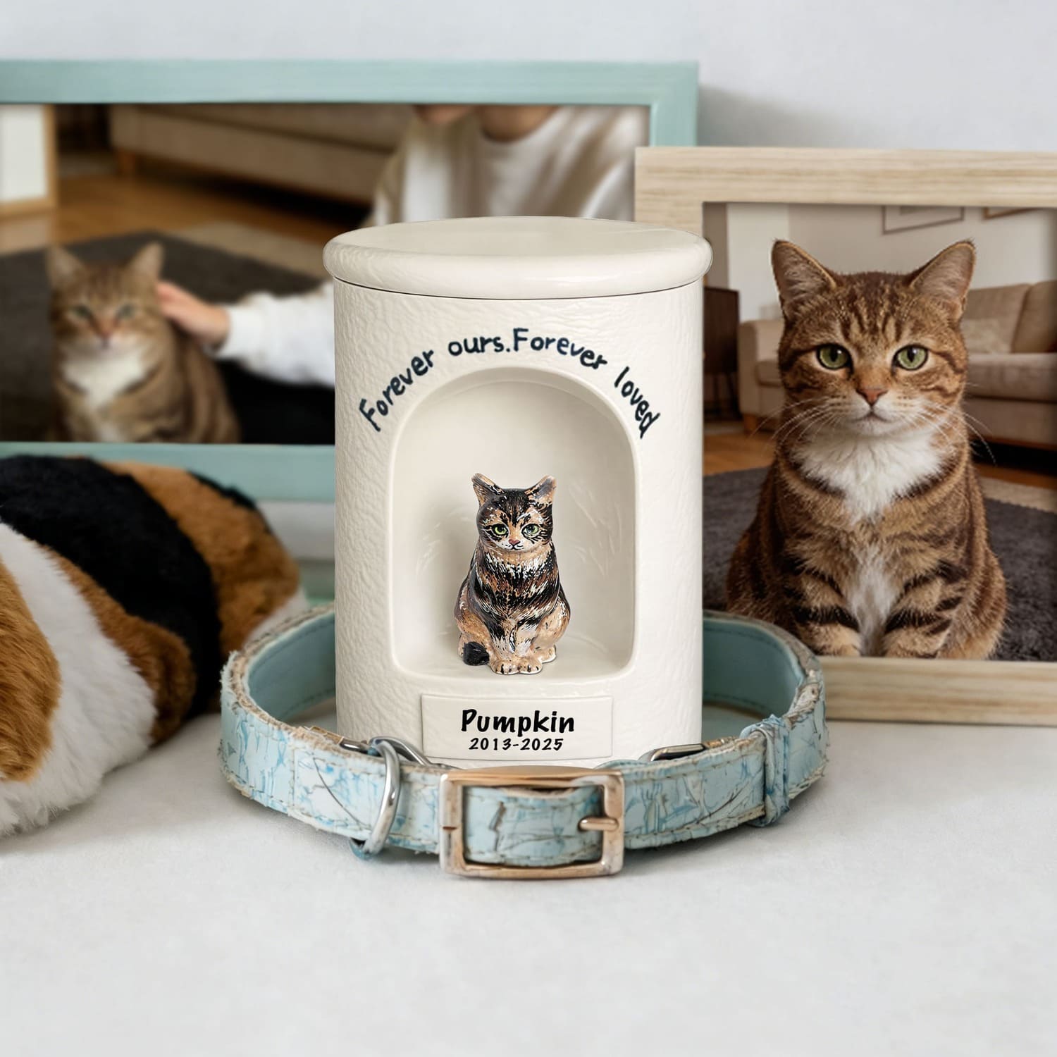 Custom Cat urn placed in a calm home setting with natural light