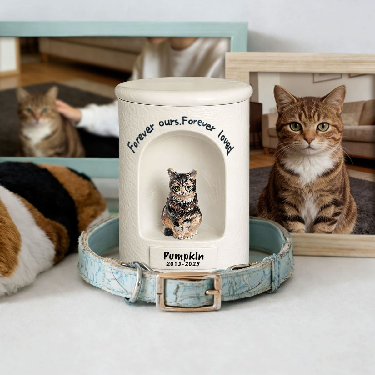Custom Cat urn placed in a calm home setting with natural light