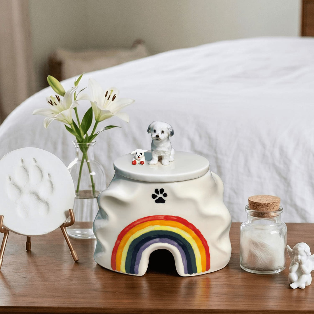 Custom ceramic pet urn displayed in a warm home setting
