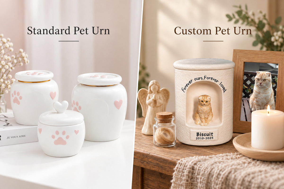 Comparison between a custom pet urn and a standard pet urn showing personalized memorial options for pets