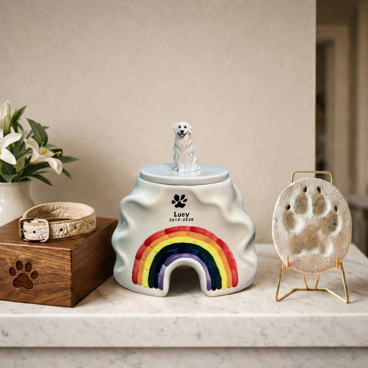 Personalized dog urn displayed in a real home memorial setup with natural light