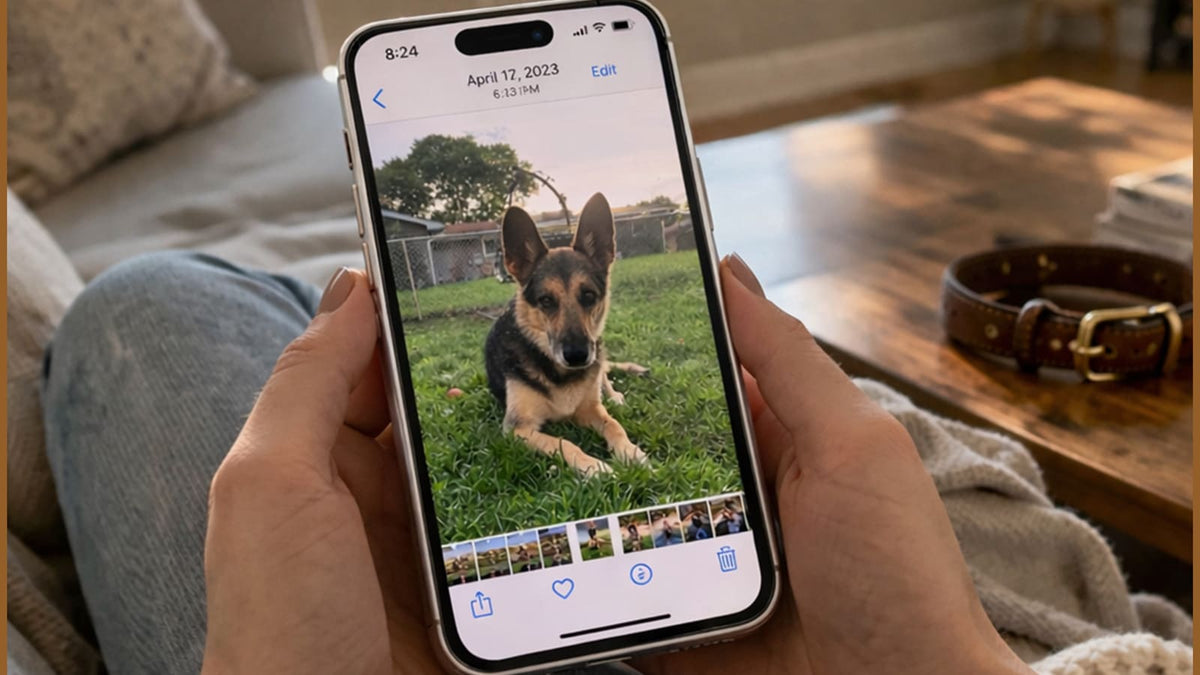 Pet owner selecting favorite photos before ordering a handcrafted custom pet urn