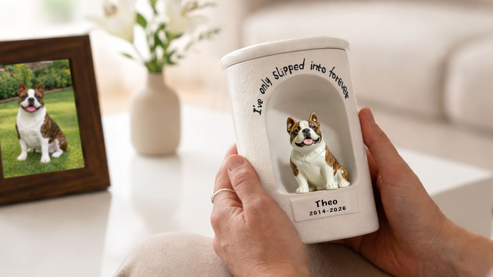 Choosing a personalized pet urn with photos and keepsakes nearby