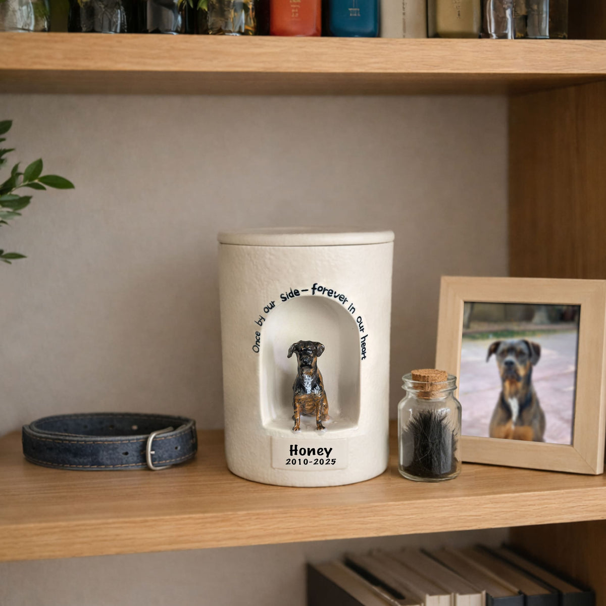 Large pet urn placed on a stable home shelf in a calm environment
