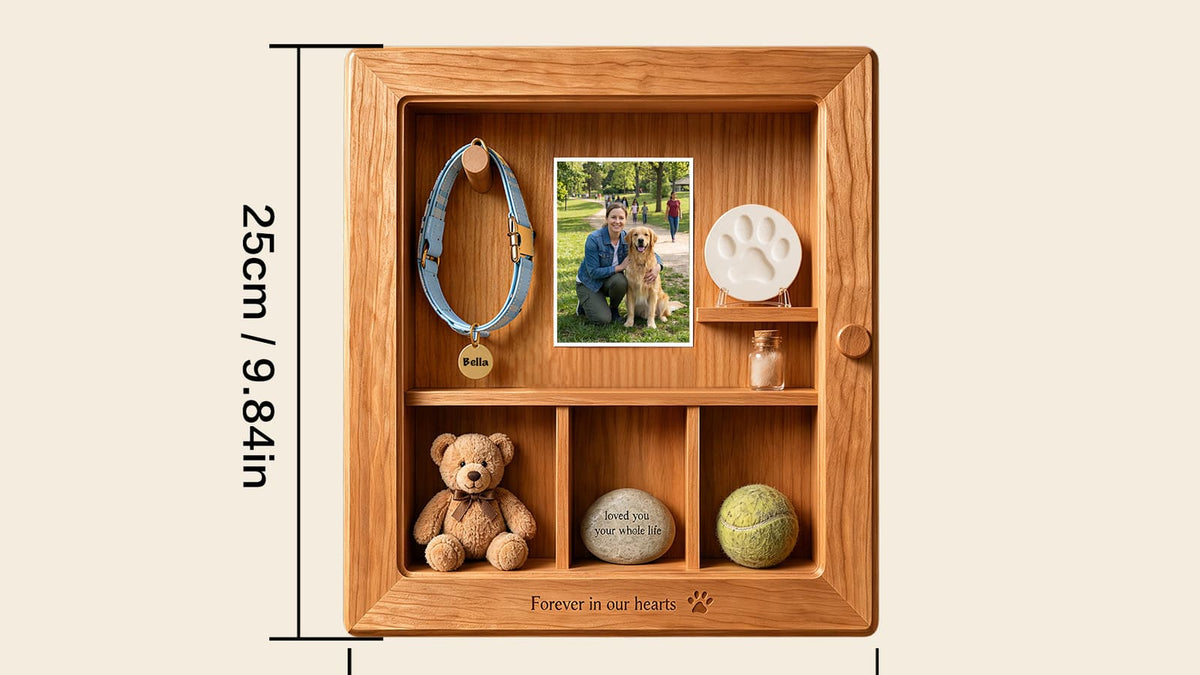 Meaningful pet memorial display with photos and keepsakes without ashes